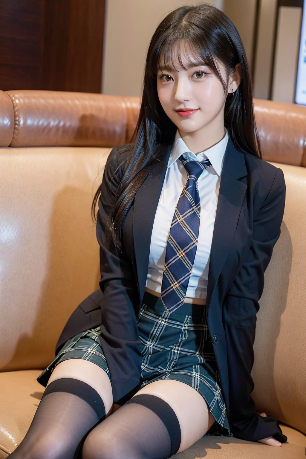 (8K), (highest quality: 1.2), (realistic), (realistic: 1.37), ultra high resolution, 1 girl, cute, smile, closed mouth, beautiful details, beautiful nose, beautiful black hair,,giant dulcefo, pork, thighs,self snap,University Student Uniform,Sitting on a couch in a fast food restaurant,simple blazer,pleated skirt,(The pattern of the skirt and tie is a tartan check pattern...:1.3), (close up on face),(光沢のあるthighs),(Opaque blue knee-high socks:1.2)