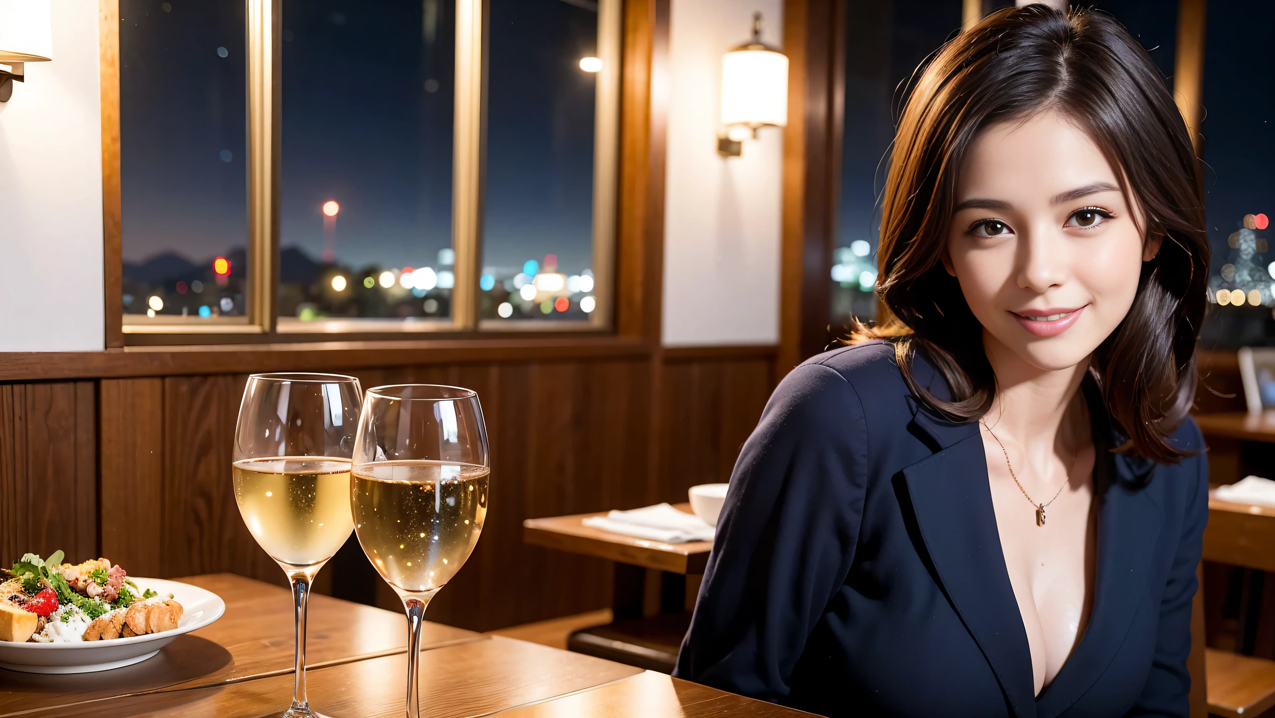 (K UHD, nffsw, top quality, table top: 1.2), (realistic, realistic: 1.37), Spectacular view of the sunset sky and clouds、Amazing mountain views、A bright smile、A lovely woman with a smile、The woman&#39;s face is bright、fox face、lady、Wine Party、hors d'oeuvre、Italian food、2 beauties、brown hair、shortcut、long sleeve shirt、winter fashion、dress、Japanese、Englishman、Dutch、German、Belgian、Italian、French,wine bottle、hors d'oeuvre、Champagne、sparkling wine、Pretty Woman 1, (slim face), (Because I&#39;m slender), (brown hair), (shortcut), cheeks turn a little red, (40 years old), 38 years old, attractive beauty、, A beautiful and detailed night view spreads out outside the window.........., restaurant, sitting in a wine glass, At night, in a prominent place (from the waist up) nova frog style, actress, model, Upper body, White wine, slim, wine glass, very beautiful night view, wine glass placed in the middle, Smile, (smile: 1.15), beautiful small eyes, 
