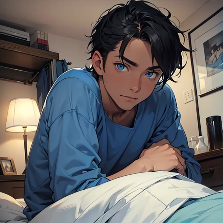 Man, 24 years old, long sleeved blue shirt, tan skin, short and messy black hair, blue eyes, head and shoulders photo, nice, in a dimly lighted bedroom, dull colors