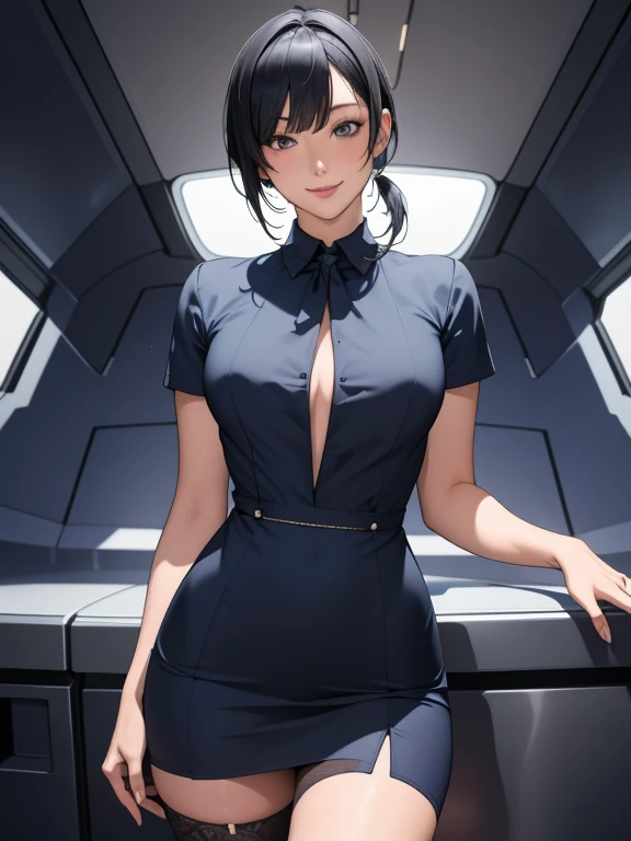 masterpiece, highest quality, anime, highly detailed face, highly detailed eyes, highly detailed background, perfect lighting, cowboy shot, 1 girl, alone, Aki Rosenthal, collared dress, short dress, short sleeve, blue jacket, black stockings, peeled hair, long hair, low twin tails, bob cut, tie, headgear, white gloves, elbow bag, wide hips, smile, Are standing, inside of spaceship 