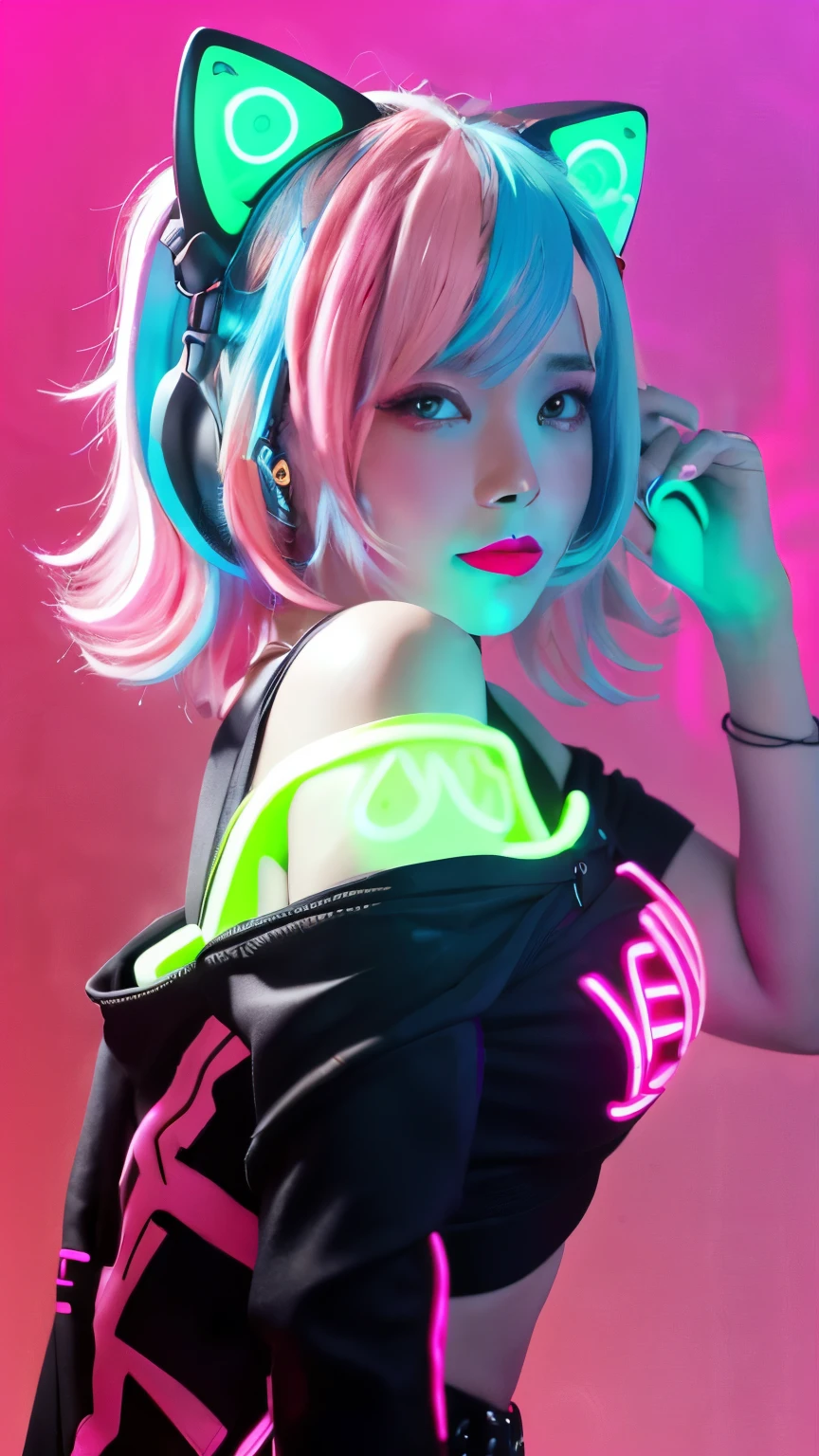 {{masterpiece}},{{highest quality}},enlightenment,1 perfect portrait of a girl, A fascinating eye for perfect detail), colorful hair,(gradient hair), (neon pink hair:1.6),(Cat ear),Slim and tall body type, fantasy background, {exposed bare shoulders},{long-term alienation_sleeve}, {lean forward a little}, If you look up,hair ornaments,{shy},please shut your mouth, head tilt,{small breasts} ,movie lighting,oversized clothes, ((seductive pose)), (neon pink background:1.6)