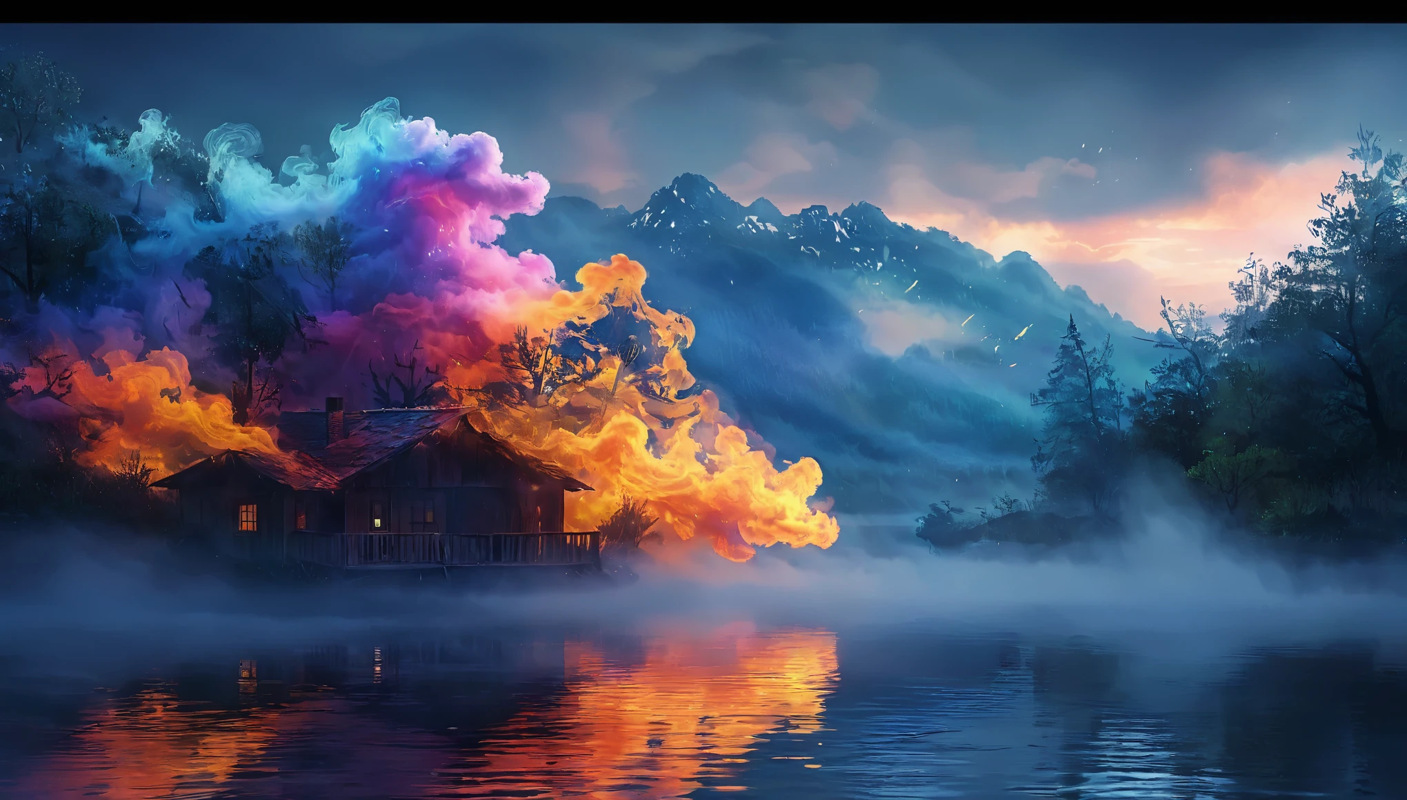There was smoke coming out of a house in the water, Magical colors and atmosphere, Magical colors and atmosphere, Colorful fire, Glowing colorful fog, very Beautiful digital art, 4k high definition matte digital, Beautiful art ultra hd 4k, Beautiful digital artwork, Beautiful digital art, 4k highly detailed digital art, Background red lake on fire