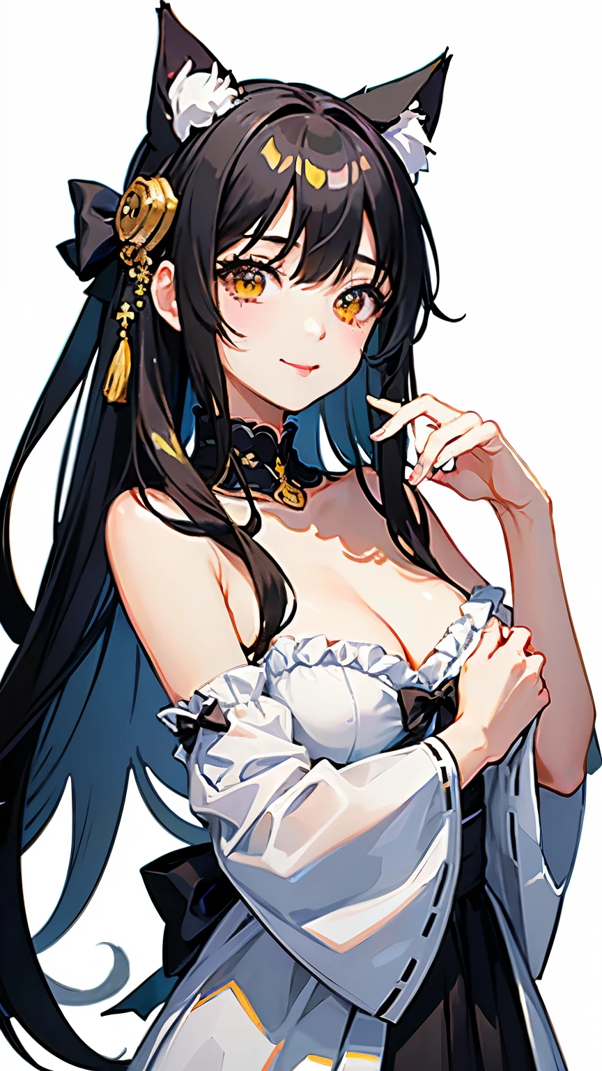 (highest quality, masterpiece, High resolution)、(anime art)、,cinematic light、soft light、girl、black hair、calico cat costume、cat ears、 hair ornaments、choker、enchanting smile、Medium chest、Nyan Pose、Cat jarashi、((white background))、