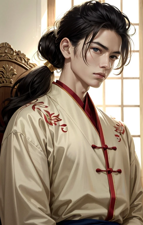 (best quality,4k,8k,highres,masterpiece:1.2),ultra-detailed,(realistic,photorealistic,photo-realistic:1.37),long hair boy,Chinese,arrogant,traditional Chinese outfit,expressive eyes,curly long hair,sharp facial features,detailed embroidery on the outfit,silk fabric texture,elaborate patterns and motifs,golden dragon design on the robe,confident posture,dimly lit room,subtle shadows,vibrant colors,soft lighting, ponytail