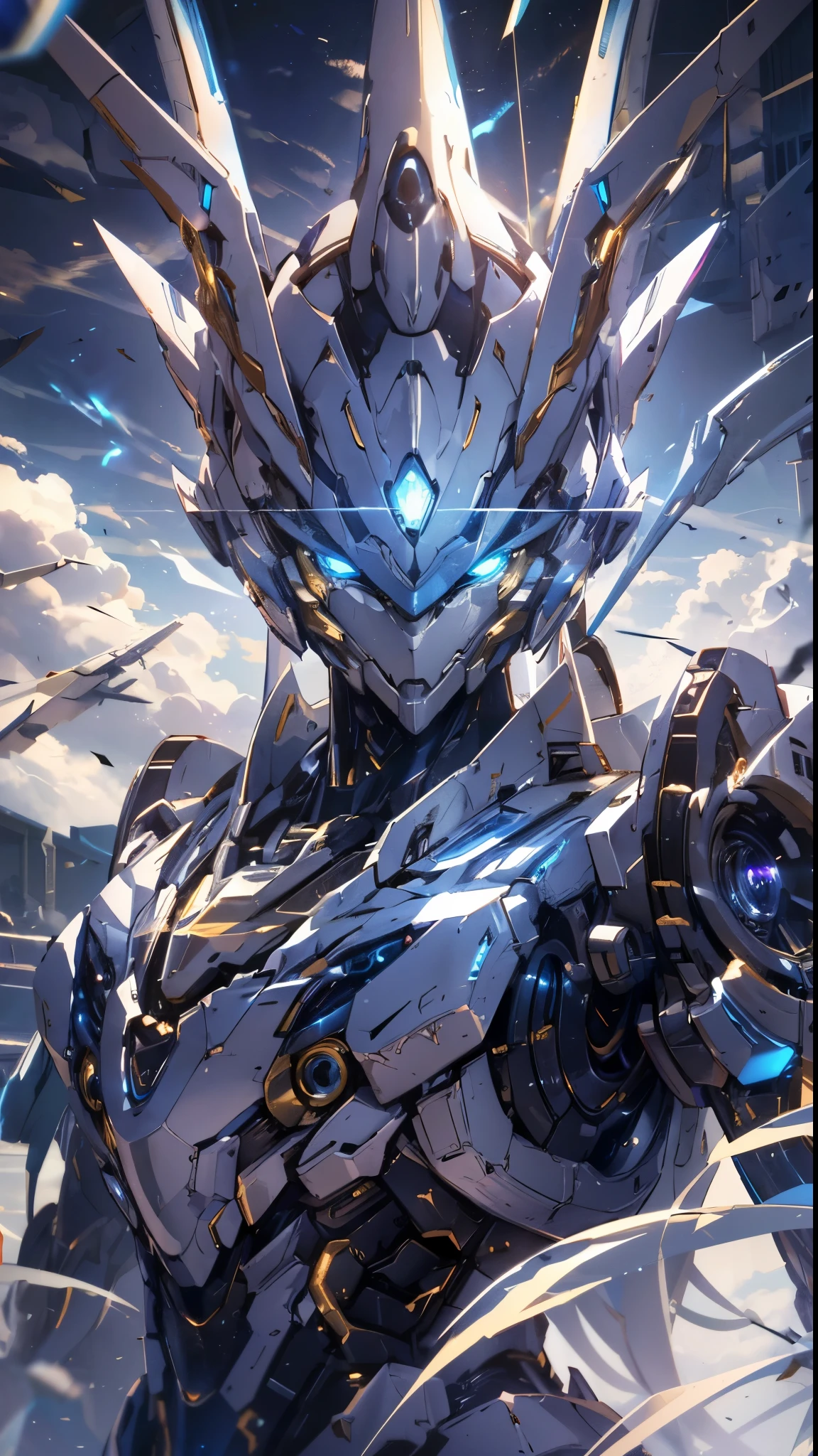 (masterpiece), best quality, science fiction, robot, ((mecha)), robot joints, (white head), daylight, (((foreground))), outdoors, (((facing viewer))), cyan details on head, ((golden details on head)), cybernetic, (((narrow blue glowing eyes))), ((some blue lights emitting from the body)), (((two curved blades on each side of the head))), ((((looking at viewer)))), ((((((day time)))))), ((4k)), (((dramatic)))