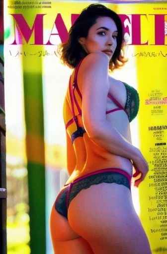 masterpeace, best quality, (lingerie), vibrant colors, Volumetric Lighting, Best Shadows, Shallow Depth of Field, (Highest Quality, Amazing Details:1.25), Brilliant Colorful Paintings, large breasts, ((magazine cover)), magazine title, text, blurry background, two tone hair, outdoor, park, backlight, from behind, feet out of frame, walk,