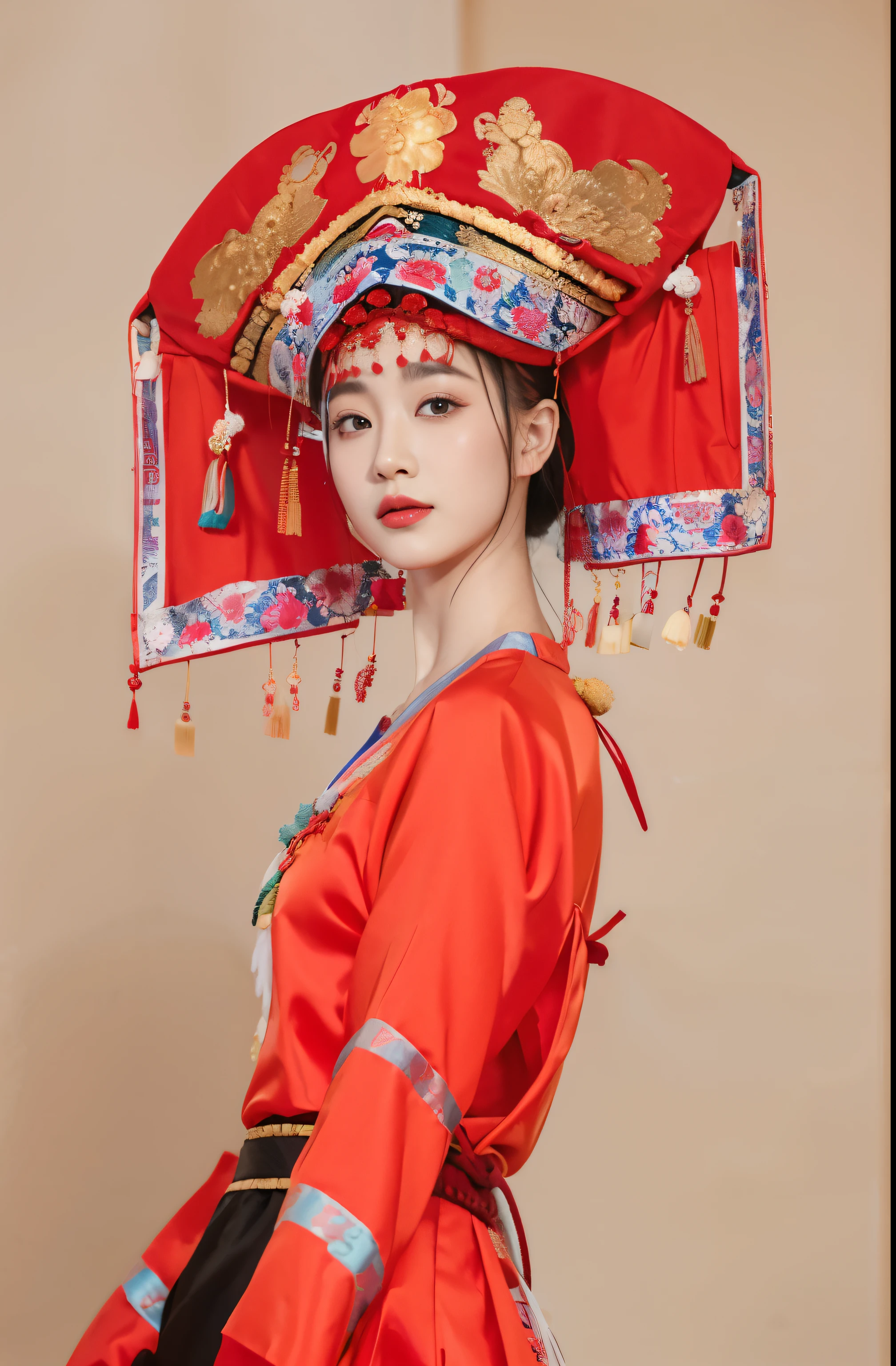 Arav woman in red dress and red hat, traditional chinese, traditional tai costume, traditional chinese clothing, Hanfu, by Yan Hui, Matching Chinese clothing, wearing chinese clothes, traditional clothing, hanfu, traditional clothes, palace , A girl wearing hanfu, traditional costume, traditional dress, traditional, Chinese style, author: Tanimae
