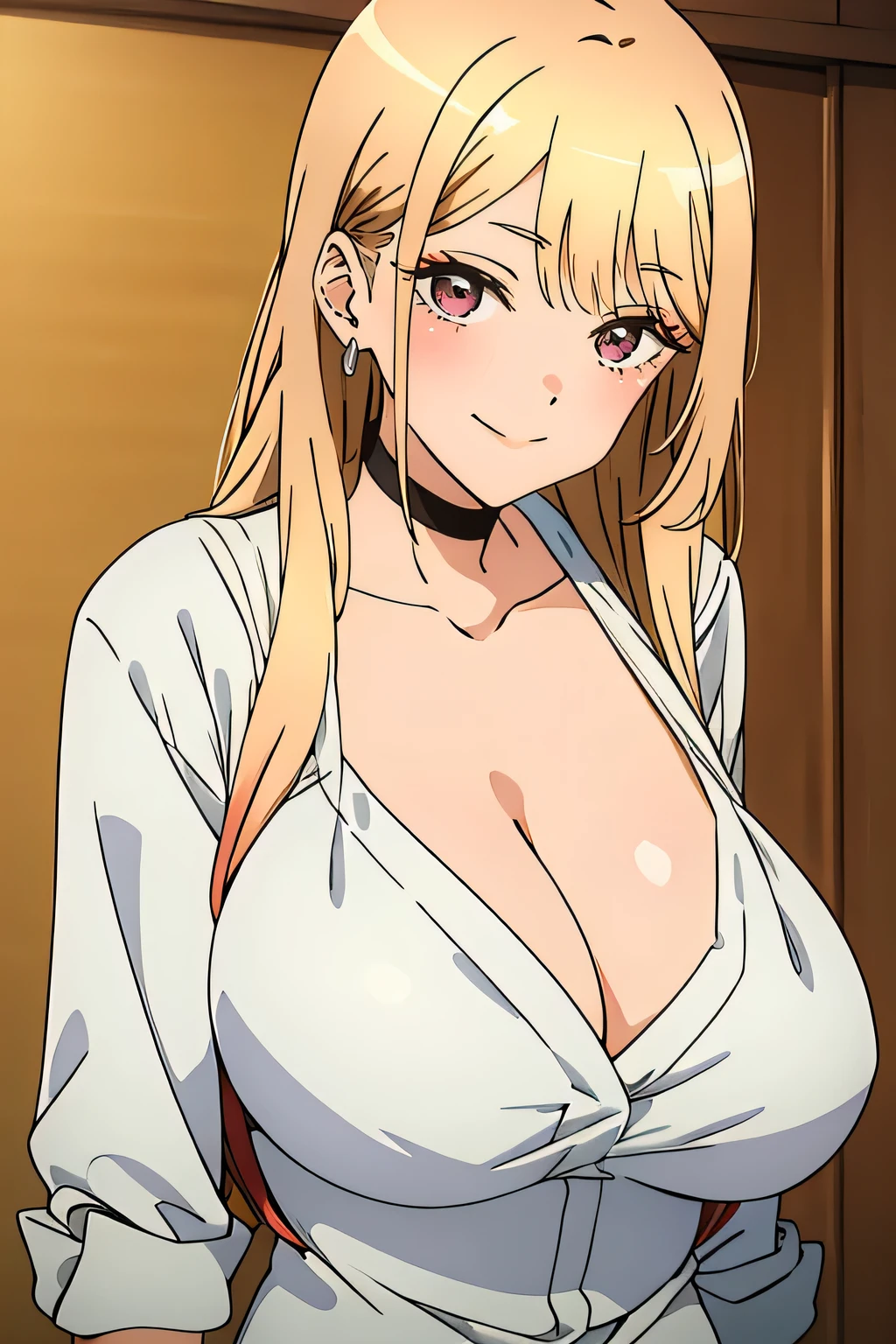 white shirt posing for the camera, seductive anime girl,breasts covered and sfw, big breasts!, sie boob, teasing smile, cleavage high quality, masterpiece, 1girl, marin kitagawa, long hair, yellow hair, bangs, blonde hair, (red eyes:1.5), large breasts, huge breasts, light on breasts, attractive anime girl, attractive breasts,standing, we see her huge breasts, off shoulder, close the camera, look into viewer, light on her breasts, marin kitagawa, marin