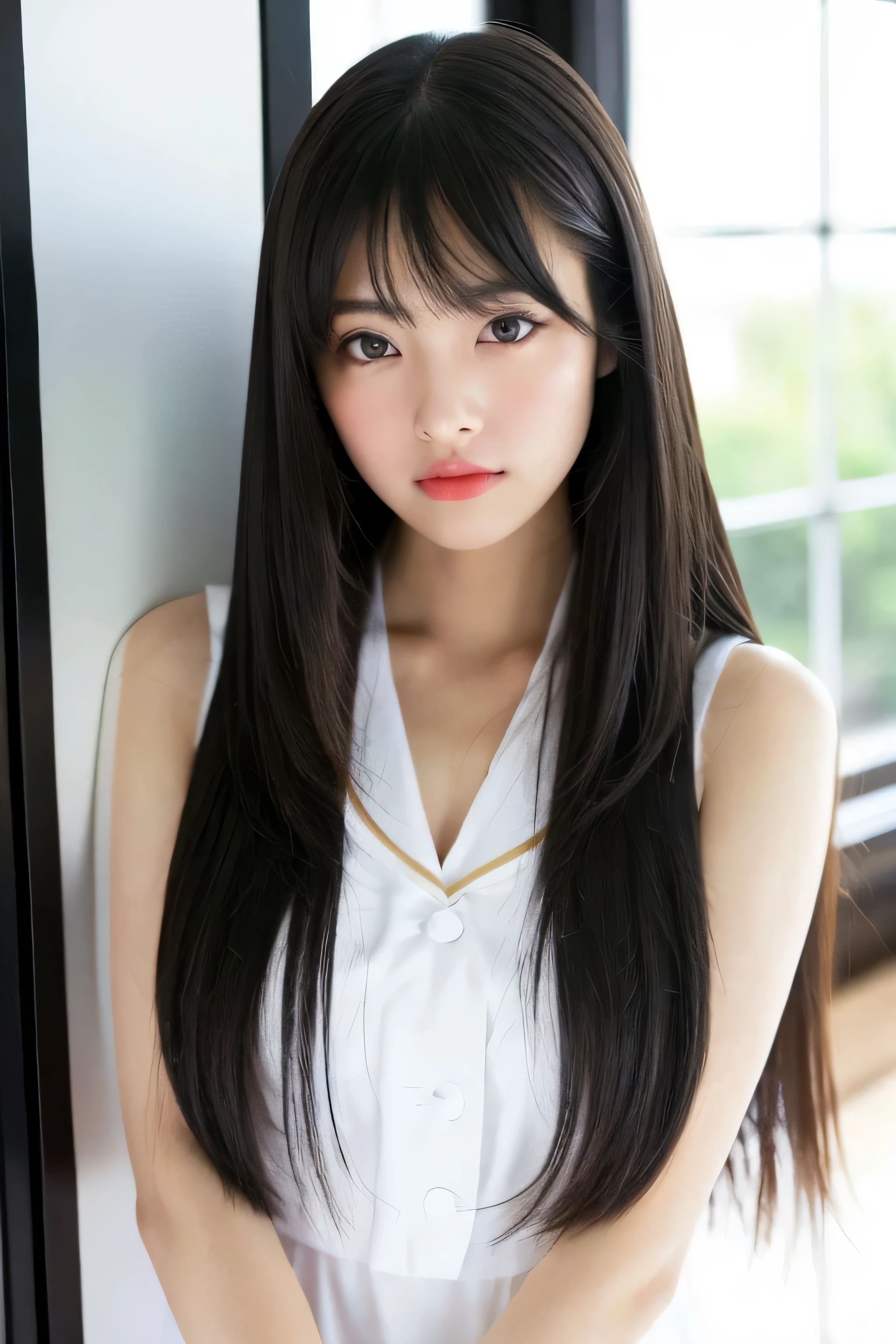 (Pure white wall background:1.3 and a white bed:1.There are three) (Photo of upper body from waist up) (Japanese solo photoshoot'The most beautiful 12-year-old sixth grader)) ((Her deep black hair is incredibly straight, Absurdly extreme Long Hair and super high quality and her deep black hair is super shiny, Absurdly extreme Long Hair and her deep black hair is super beautiful, Absurdly extreme Long Hair and her deep black hair is detailed, Absurdly extreme Long Hair, her deep black hair is high quality and incredibly long, Absurdly extreme Long Hair and her hair is thin and very thick, Absurdly extreme Long Hair, full of volume)) ((highest quality)), ((masterpiece)), (familiar) (Get used to it) Perfect Face (She has a beautiful face and a typical Japanese skin and figure, and ultra-detailed, fresh and fine skin.) (Very trimmed, straight bangs) (She has a perfect beautiful face and a finely textured face. Lipstick is only gloss) ((Rich 1.4)) (Extremely detailed 8K) (Stable Diffusion Model) (Ultra-fine skin texture 1.4) (Actual, Vibrant:1.4), double eyelid Sharp focus:1.2、Beautiful woman:1.4 Dynamic Lighting (Genuine RAW photos taken by professional photographers) (Her long bangs、Well Organized) Professionally lit from the front (She fell in love with the viewer and looked nervous) (She is wearing a white dress and a white straw hat.)