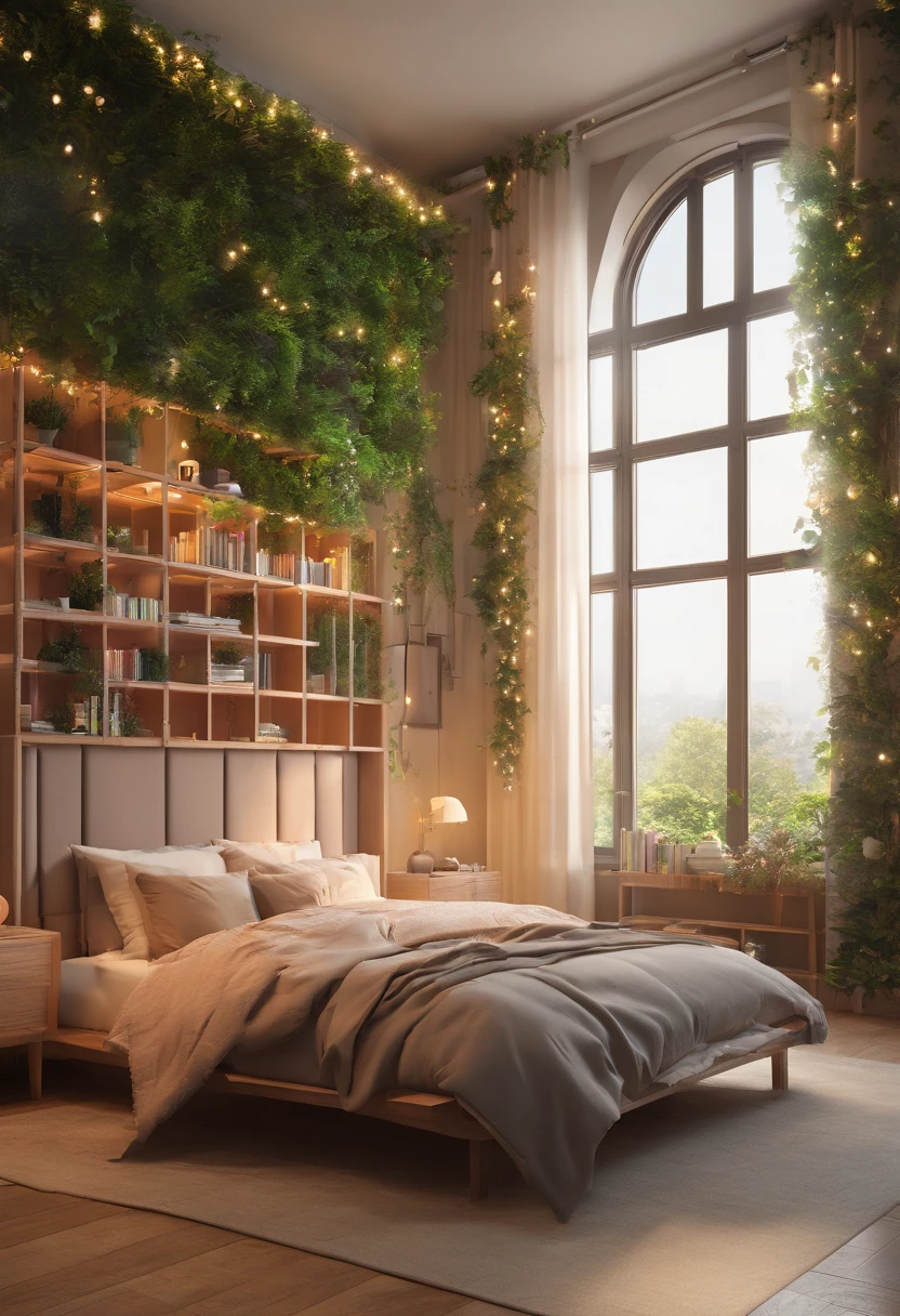 Create a bedroom with a large canopy bed, a library lounge area, a play area for a cat, a large tv, with fairy lights and Ivy vines along the walls