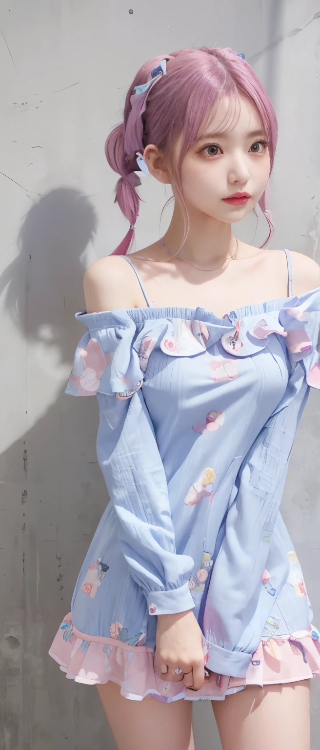 Fairytale punk idol girl、、Pastel pink and blue bone print mini dress（off shoulder）、tall、good style、whole body、colorful hair、、、