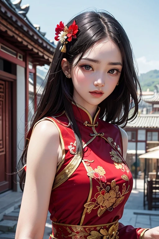 (a timely capturing),black hair,beautiful detailed eyes,detailed lips,Chinese traditional girl,traditional outfit,playful,a bit rough,traditional hairstyle,traditional accessories,graceful posing,delicate embroidery,exquisite craftmanship,vivid colors,cultural heritage,traditional patterns,authentic representation,ethnic charm,scenic background,harmonious composition,realistic portrayal,captivating gaze,rich cultural elements,expressive facial features,graceful movements,elegant posture,traditional fan,subtle facial expressions,fine attention to detail,a snapshot of tradition,artistic fusion,brilliant craftsmanship,unique charm,traditional poses,eye-catching attire,traditional atmosphere,heritage preservation,breathtaking beauty,fascinating tradition,delicate gestures,traditional elegance,traditional beauty.