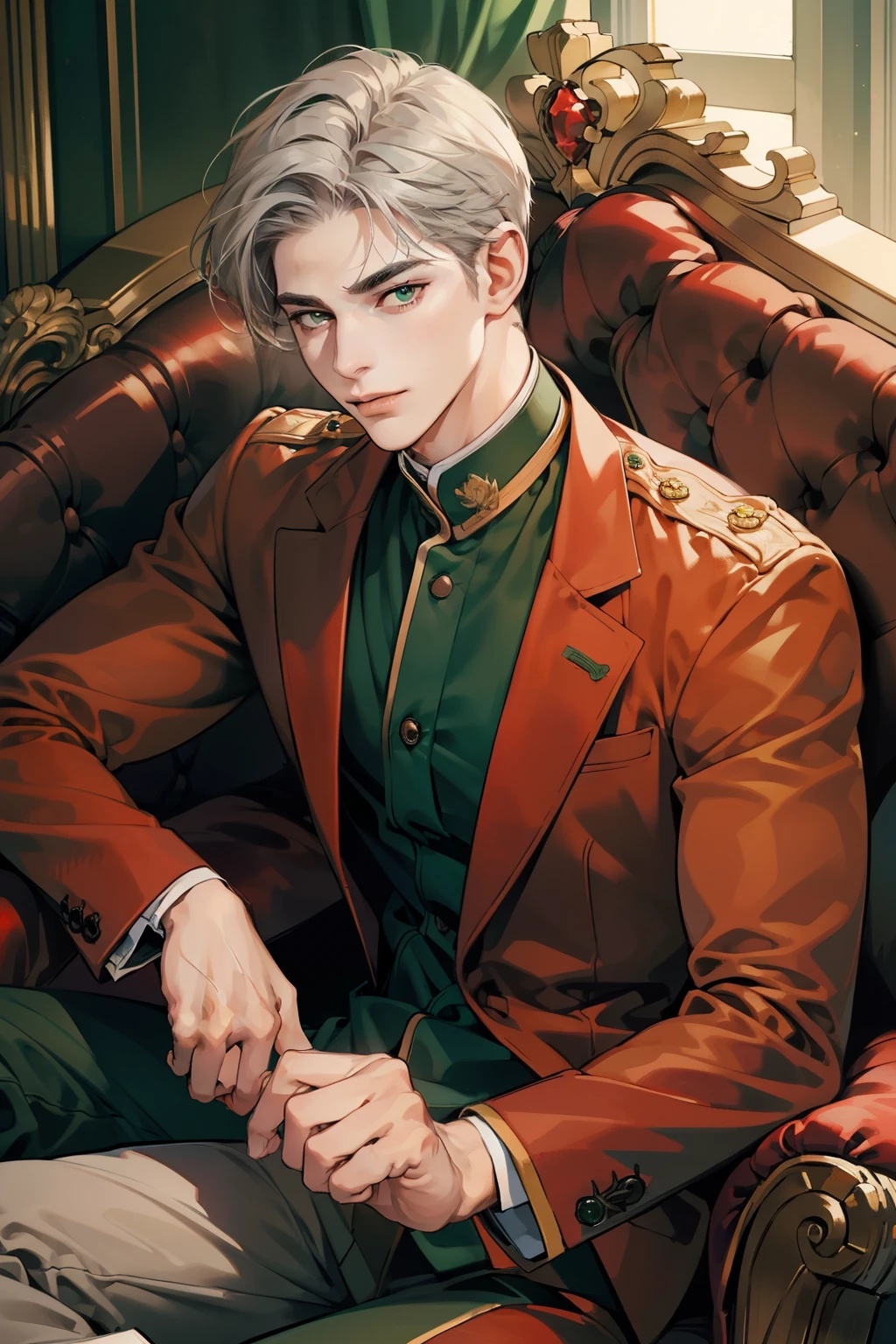 masterpiece, best quality, realistic, 1man, mature male, quiet and charming young man, 18 years old, a smirk, closed mouth, portrait, extremely detailed face, a little distant, ((dark green eyes)), ((short-side-swept sandy grey hair)), [thick eyebrows], royal throne, ((red suit)