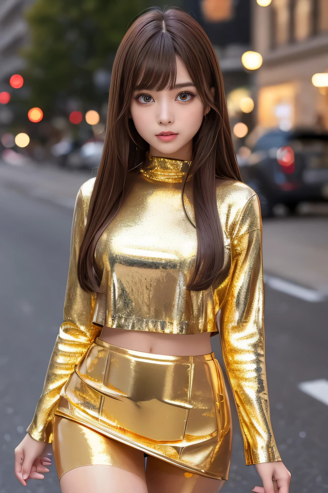 Angelic Very beautiful cute girl,9 yo,
Beautiful detailed eyes,
Detailed double eyelids,
(Large eyes:1.4),
Long straight brown hair,
see-through bangs,
Sharp Focus,small straight nose,
beautiful detailed face and eyes,
drooping eyes,
(Soft Saturation: 1.3), (Fair skin: 1.2),BREAK (Super Shiny metallic gold Tight mini Skirt :1.3),
( Super shiny Metallic gold fashionable long sleeves tops:1.4) , (Super shiny pantyhose:1.3) , Walking,
Costume lighting,
In the street ,
(Brown hair:1.3)