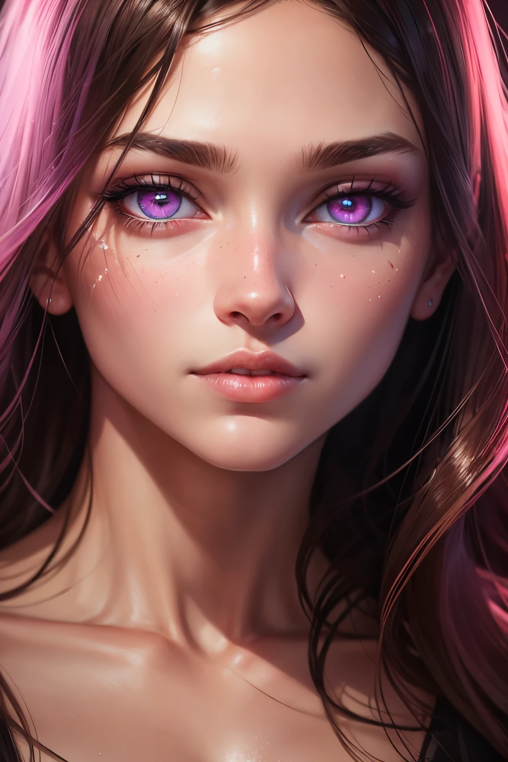 hyper realism, high quality, woman, oily, face, glowy eyes, pink eyes, portrait, close up, front view