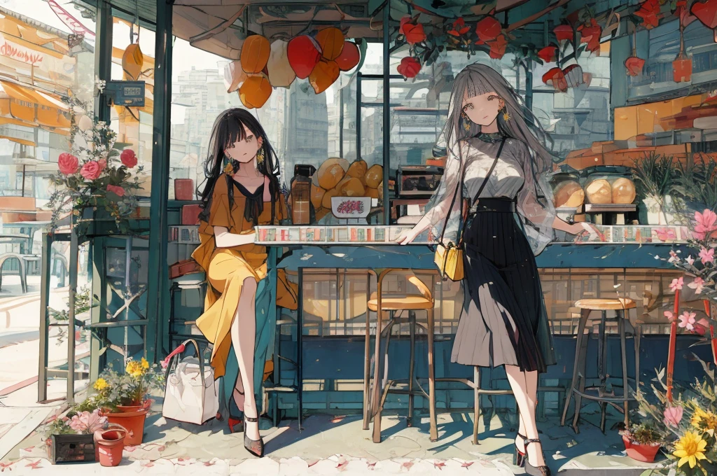 (masterpiece:1.2), highest quality,pixiv,sweet girl , 1 girl, flower, cup, have, bob hair, gray hair, bag, high heels, cafe、food, jewelry, earrings, looking at the viewer, smile, holding, long hair, inner color、alone, fruits, knee-length dress， handbag, gray eyes, Colorful shoes, bird, yellow flower, envelope,  full body, white flower, shirt,shorts、See-through、sitting, valentine color、colorful background、Cafe、