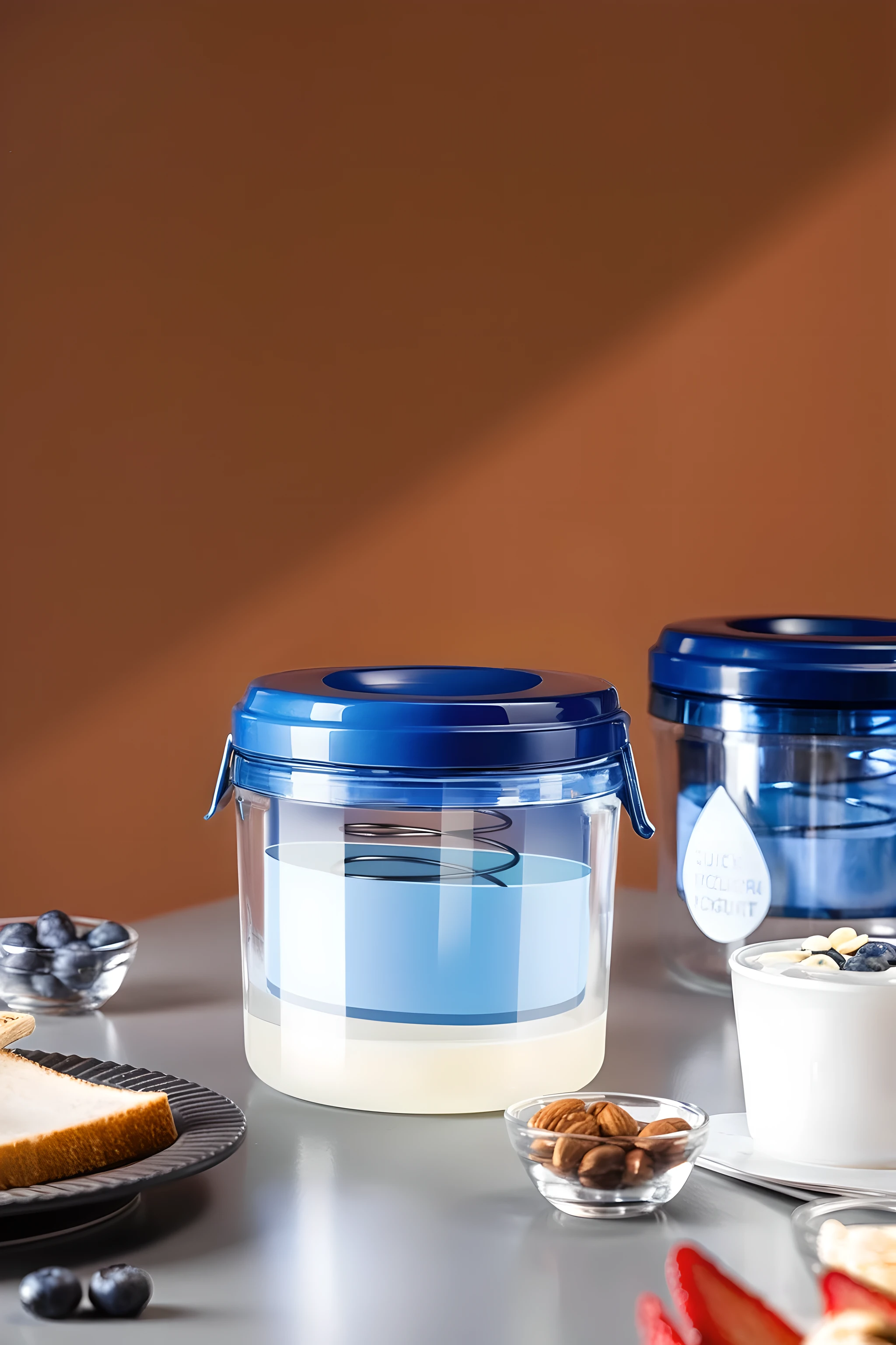 Design a living kitchen scene with a bright plastic container of high transparency as the focal point, which boasts an unblemished plastic blue lid. The smoothness of the glass is extremely high, reflecting soft light. It is clean and free of any stains, showing the purity and high-end of glass products. The plastic cover has a strong glossy texture, and its high-gloss spots accurately reflect the ambient light, making its high-quality material immediately recognizable. The light yellow liquid inside the container looks particularly attractive. The scene also includes some gloriously shiny blueberries, fresh and flawless, and sliced ​​bread. Also included in this image should be a small cup of the same smooth and flawless texture of yogurt mixed with colorful fruits, and a small bowl of flawless almonds. The entire background is a warm brown tone, reinforcing the cozy feel of home and homemade food. This scene not only calls out the importance of a healthy lifestyle, but also showcases the beauty and satisfaction of homemade food.