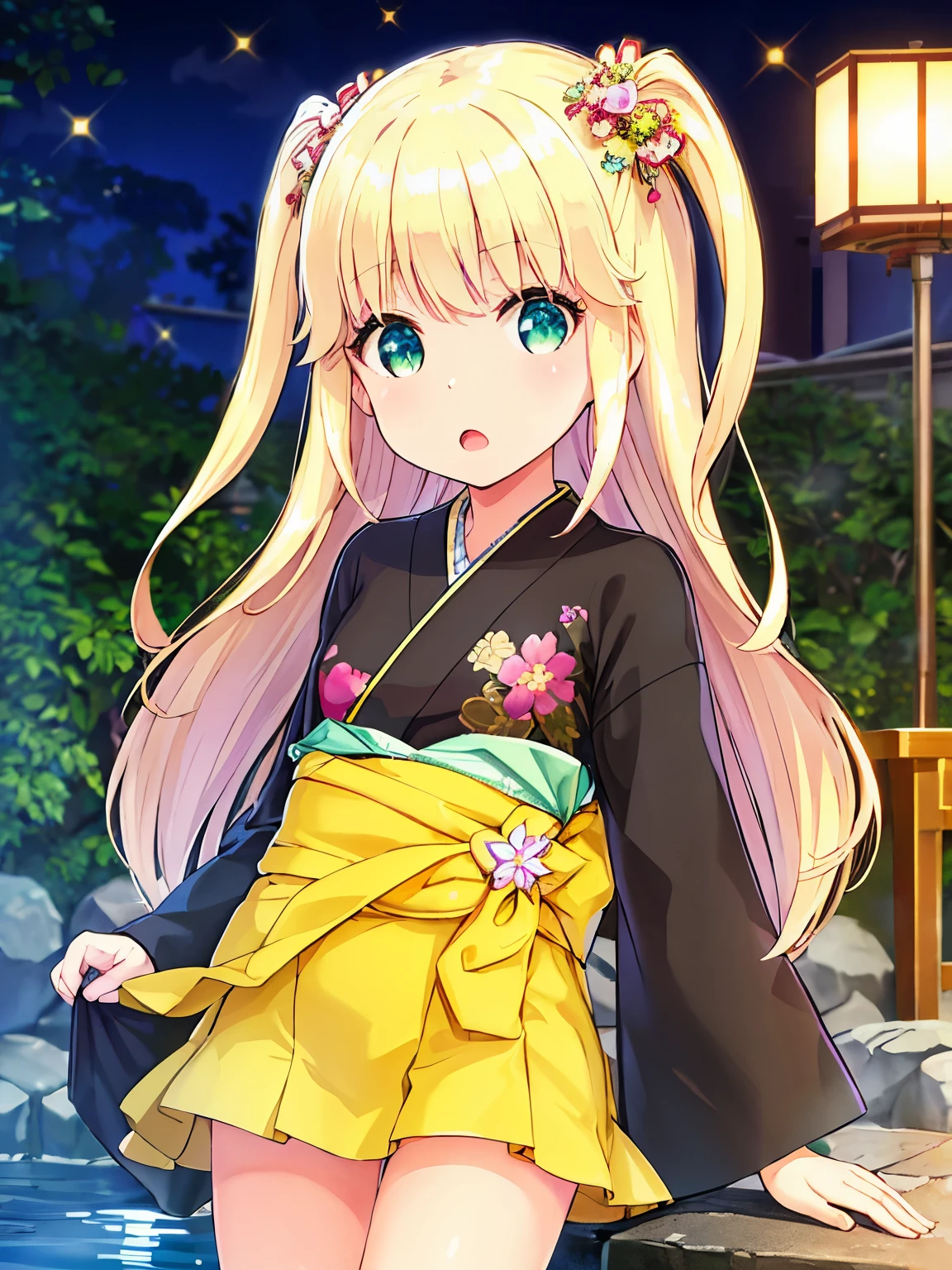 solo, 1 girl, highest quality, very detailed, (masterpiece), (illustration), onsen, in onsen, night, ind○○r, upper body, face, face focus, from front, open kimono, long sleeves, blonde hair, long hair, green eyes, two side up, eyebrows visible through hair, shine, bangs, shine, Lens flare, flat chest, shy, blush, (looking at viewer), Face-to-face audience, throw, :o,flower hair ornament