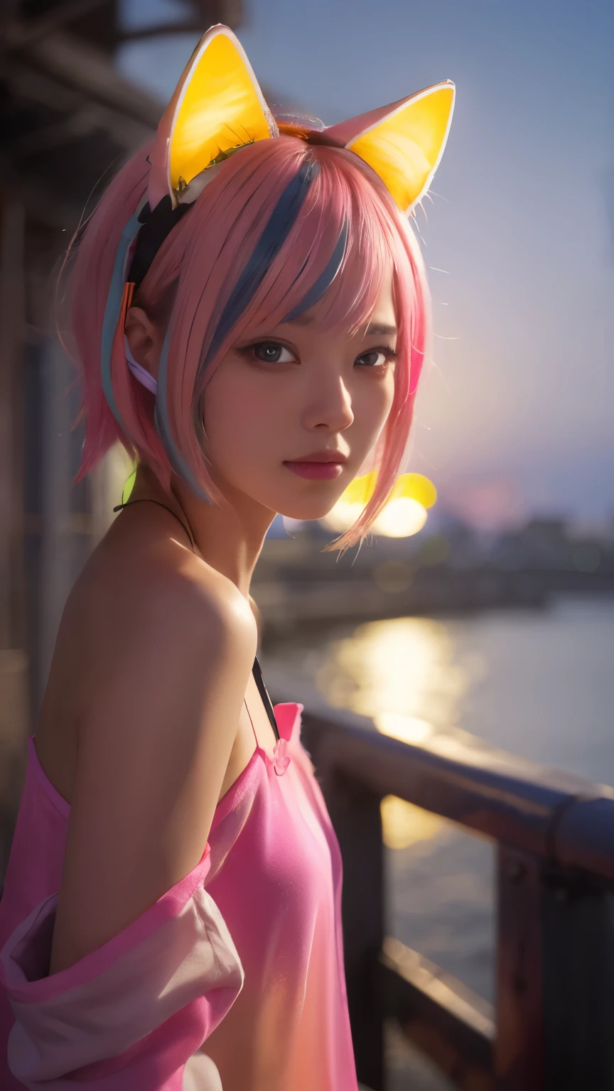 {{masterpiece}},{{highest quality}},enlightenment,1 perfect portrait of a girl, A fascinating eye for perfect detail), colorful hair,(gradient hair), (Neon Pink hair:1.2),(cat ears),Long and slim body type, fantasy background, {exposed bare shoulders},{long-term alienation_sleeve}, {lean forward a little}, If you look up,hair ornaments,{shy},please shut your mouth, head tilt, movie lighting,oversized clothes, ((seductive pose)), (Neon pink sunset seashore:1.2)