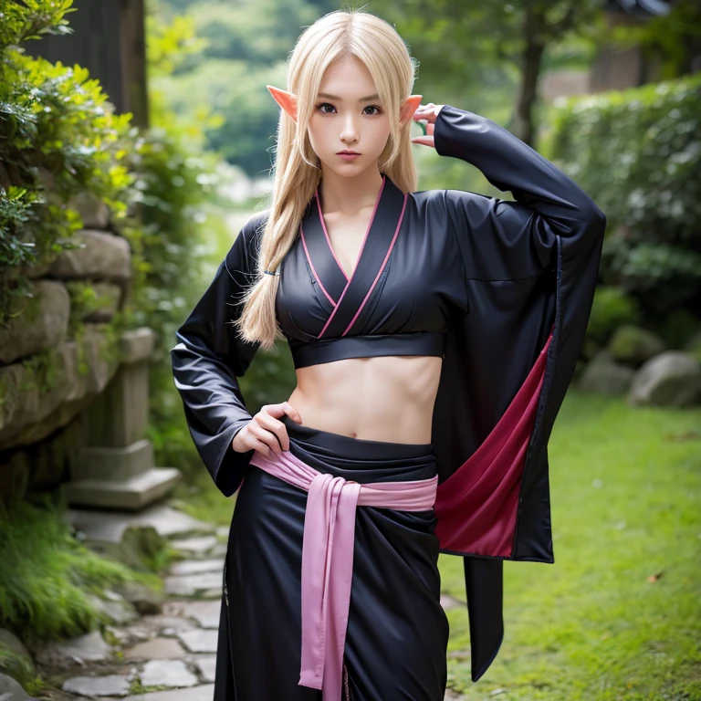high resolution、(Kunoichi)、((ninja clothes))、kimono、(slender)、blonde、elf、(flat chest)、8-year-old、()