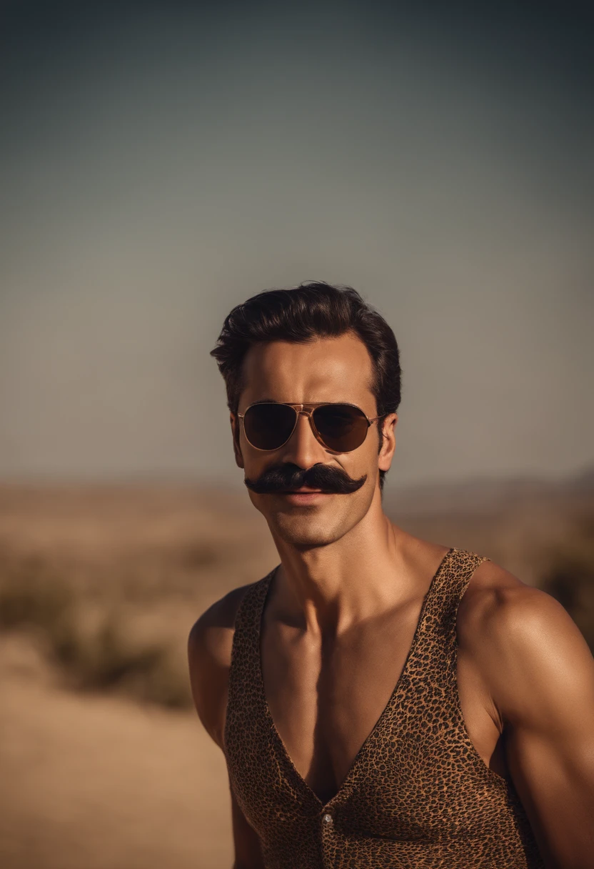 Handsome  moustache Turkish guy tall thin shirtless desert bikini showing armpit standing with a leopard sunglasses happy