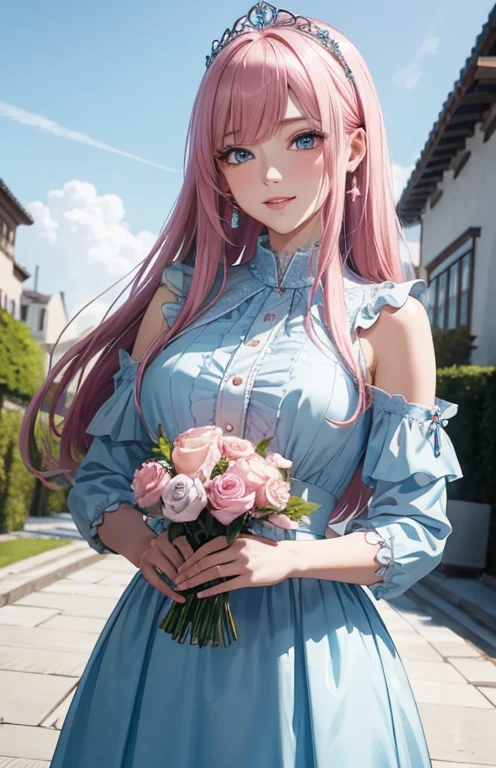 masterpiece、highest quality、High resolution、high quality images、8K, 1 female、skin luster、Texture of skin and clothing、Expression of fine eyes、shiny pink hair,long hair girl, Manga inspired by Lee Jong-suk, trending on deviantart, realism, detailed manga style, manga art style, perfect line drawing, beautiful line drawing, digital manga art girl, K-POPアイドル, dress, beautiful blue eyes, plump lips, detailed gorgeous face, (cute smile), charm, innocent, Side view, (perfectly detailed face), (fine hands) photorealistic images, Depth of written boundary, half up hairstyle, シンデレラdress , tiara, bouquet , cloud,sky sky,night ,star, Castle , garden , Rose ,The skin is delicate,
