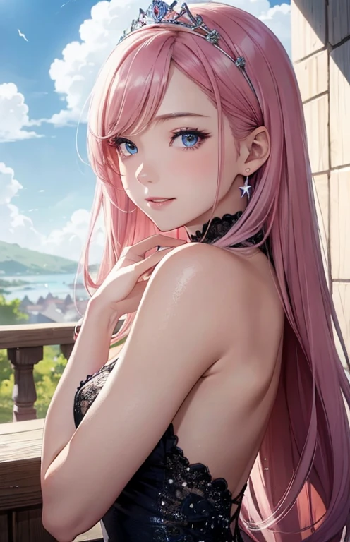 Best Quality,High resolution,8K,finelity detailed background,Masterpiece:1.2),beautiful girl,Shiny pink hair,asymmetrical hair,Pink eyes,Gentle look,A refreshing look,smile,Best quality,Best Quality,Aesthetic and aesthetic:1.2,Best details((Super detailed))(High-definition CG illustrations),Upper Body,Dark grey underwear,Slender body,night,moon,Bedroom,On the bed,smile,blush,cute,Scrounge,Looking up,Being spoiled,super model,wariza,shoot from,below