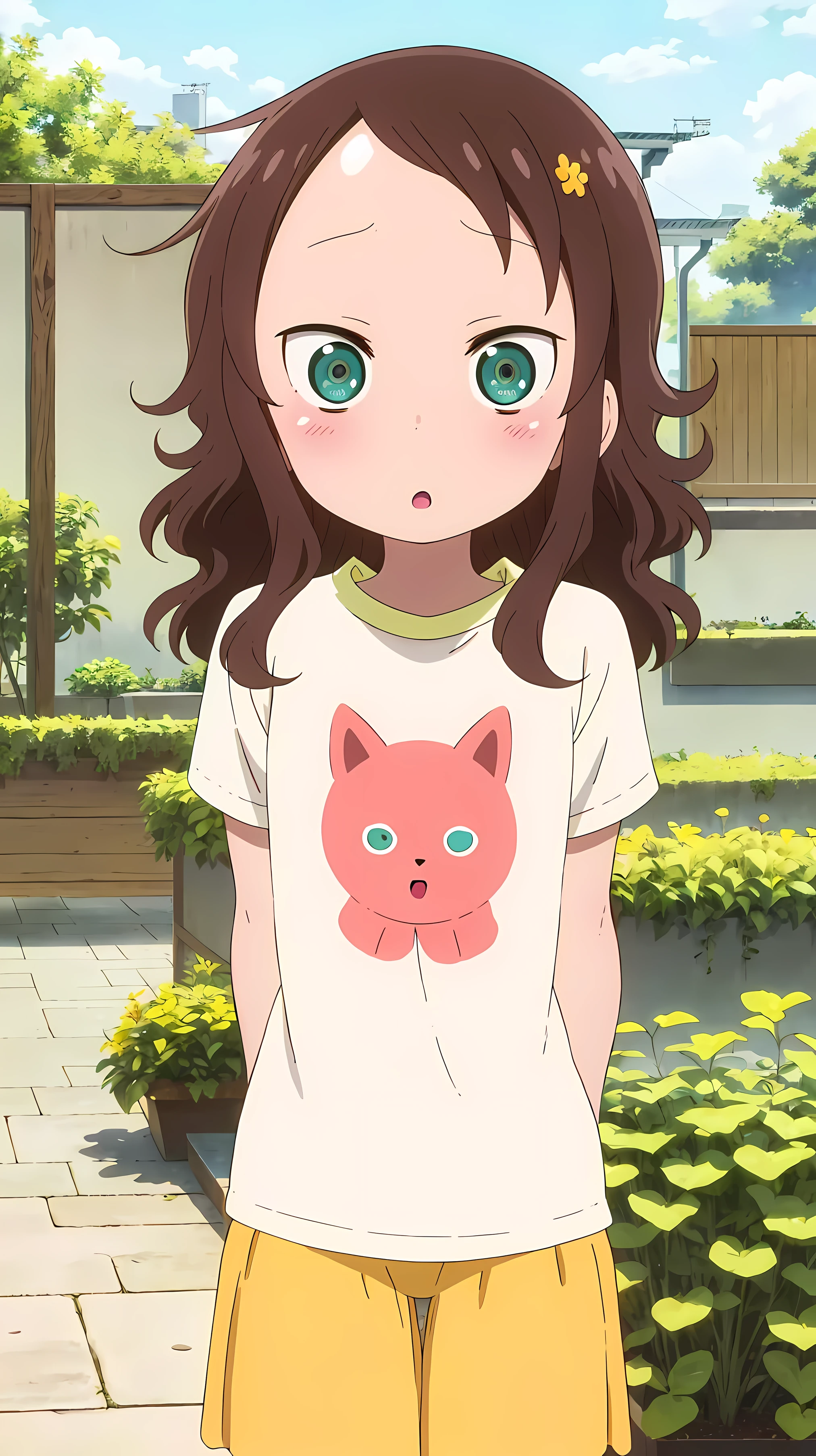 upper body, riko, 1girl, solo, t-shirt, brown hair, hair ornament, looking at viewer, green eyes, blush, :o, short hair, garden, arms behind back 