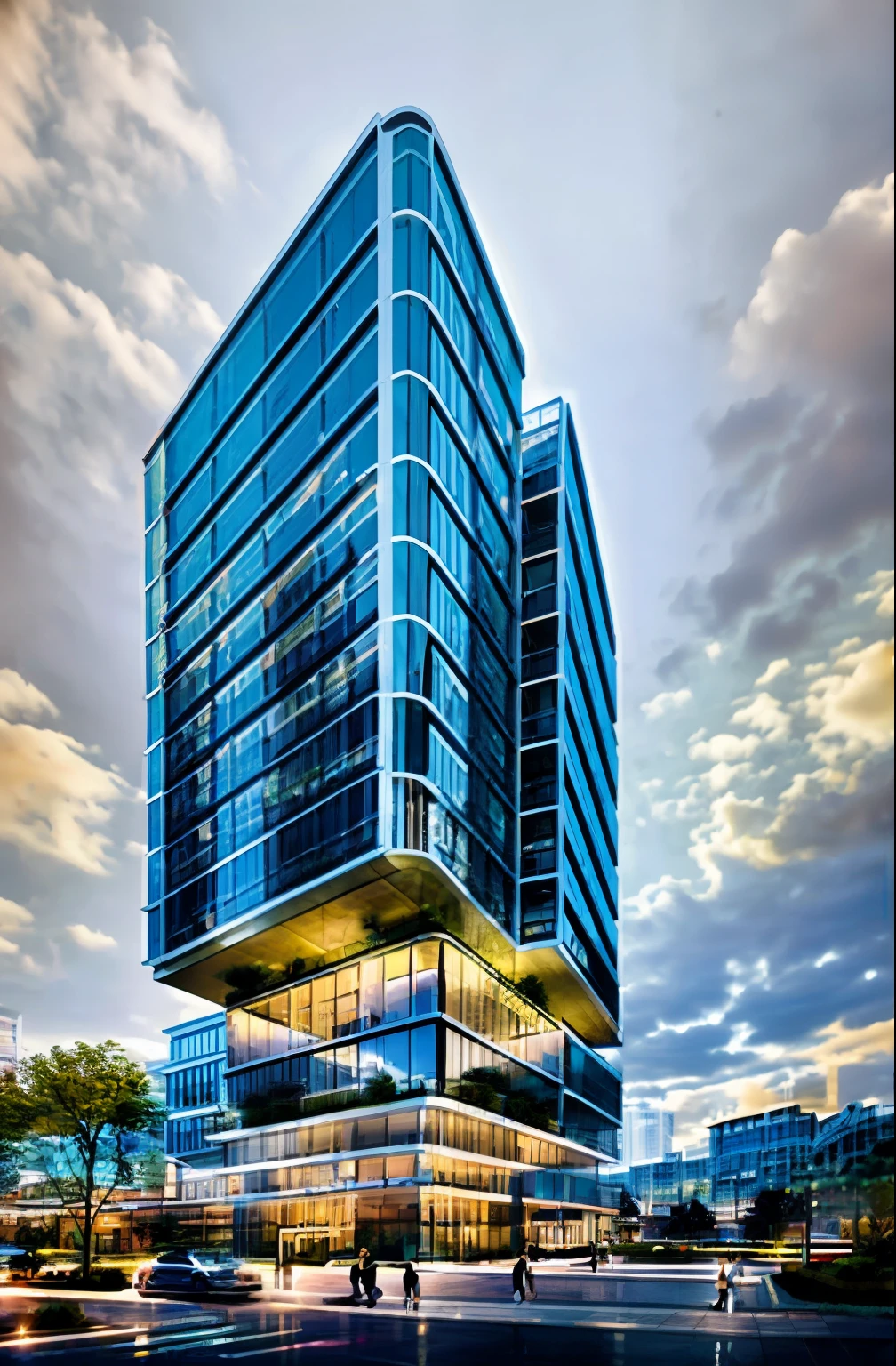 exterior of highrise apartment building, contemporary style, balconies, plants and flowers on balconies, vivid colour, beautiful landscape, stone pavement,cars, realistic, RAW photo, 8k uhd, dslr, soft lighting, high quality, film grain, Fujifilm XT3,masterpiece,