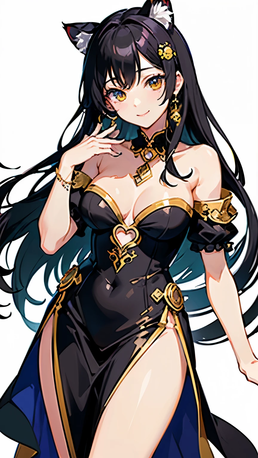 (highest quality, masterpiece, High resolution)、(anime art)、,cinematic light、soft light、girl、black hair、Tiger Cat Costume、cat ears、 hair ornaments、choker、enchanting smile、Medium chest、Nyan Pose、Cat jarashi、((white background))、