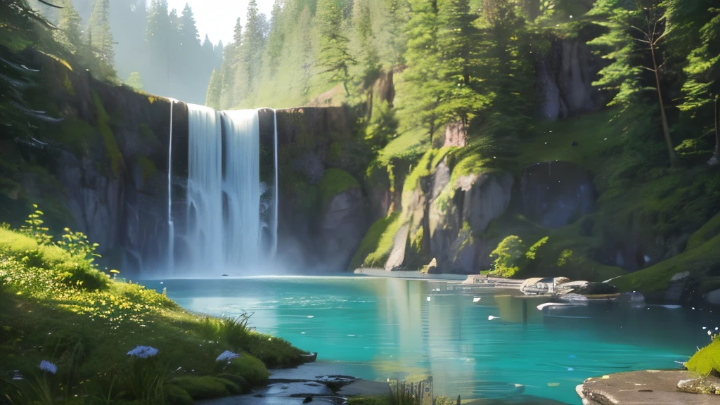 In the heart of untouched wilderness, a serene reservoir scene unfolds. The mirror-like surface of the water reflects the surrounding lush greenery, casting an enchanting reflection that stretches for miles. The tranquility of the scene is abruptly shattered by the unexpected arrival of a majestic waterfall, pouring down from a towering cliffside in a cascade of crystalline water droplets.
The reservoir's edges are framed by vibrant, wildflowers in full bloom, their colors dancing in the sunlight. The scene is rich in detail, each element carefully portrayed with isometric precision and 8K high-quality resolution. The
