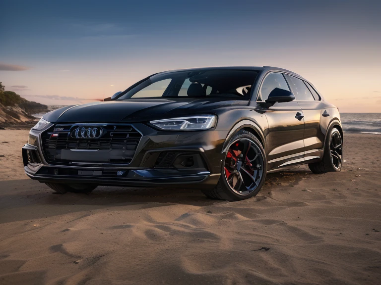 um close de um Audi Suv preto estacionado em uma praia, vehicle photography, fotografia automotiva, editado, fotografia comercial de carro, automatic photography, fotografia de carro, filmado em Canon EOS R5, cinematic front shot, filmado em Canon EOS R5, filmado na hora dourada, twilight scenario, plano ultra amplo, ar 9 cinematic filming:16 -n 6 -g