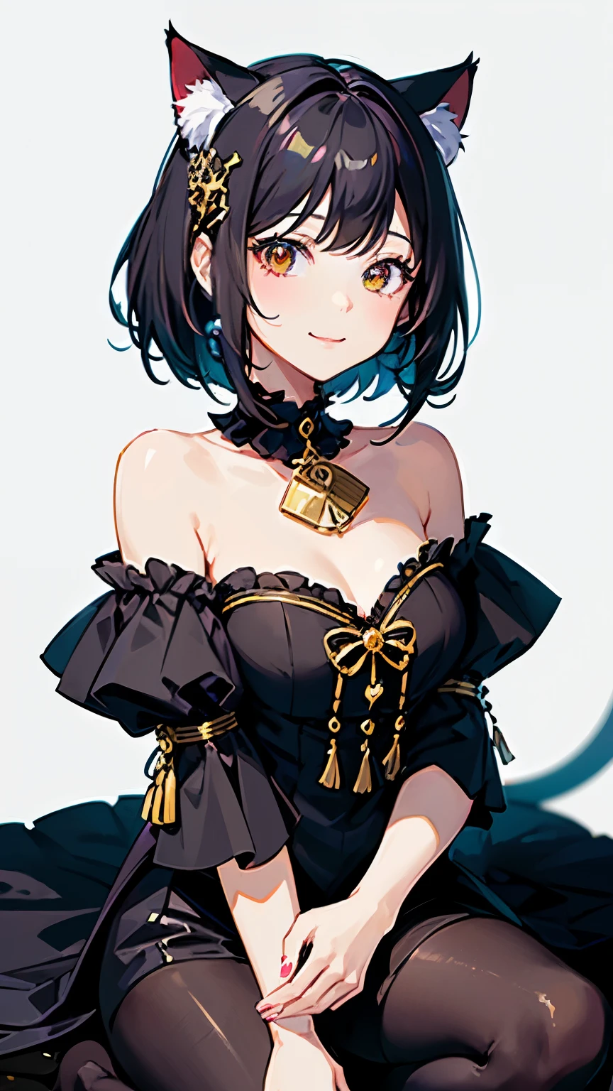 (highest quality, masterpiece, High resolution)、(anime art)、,cinematic light、soft light、girl、black hair、Spotted cat costume、cat ears、bob cut、 hair ornaments、choker、enchanting smile、Medium chest、Nyan Pose、Cat jarashi、((white background))、