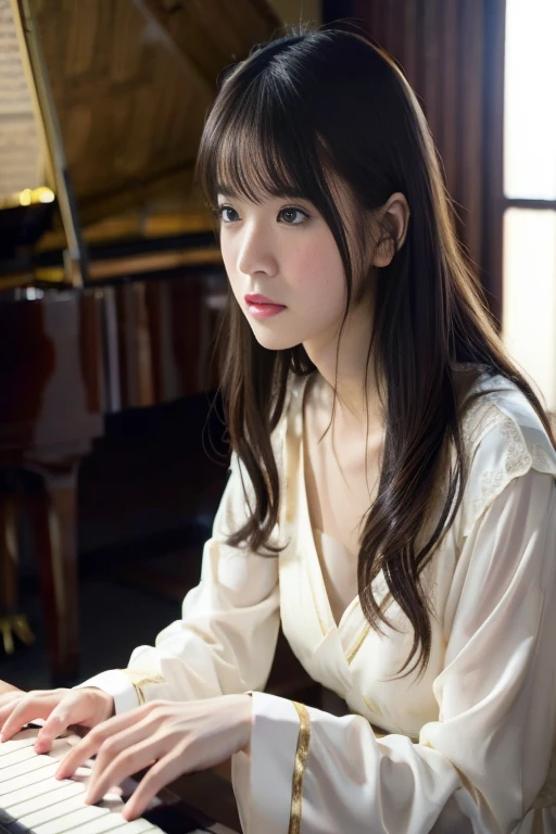 Araffe lady in white dress plays piano in room, Yoshitomo Nara, Mr. Takemura, pianist, Kotekawa Yui, Chiho, elegant japanese woman, Kojima De Ami, Suzuki Kiyoko, Hajime Kakinouchi, The motto is Teshirogi, Black-haired Ishidaho