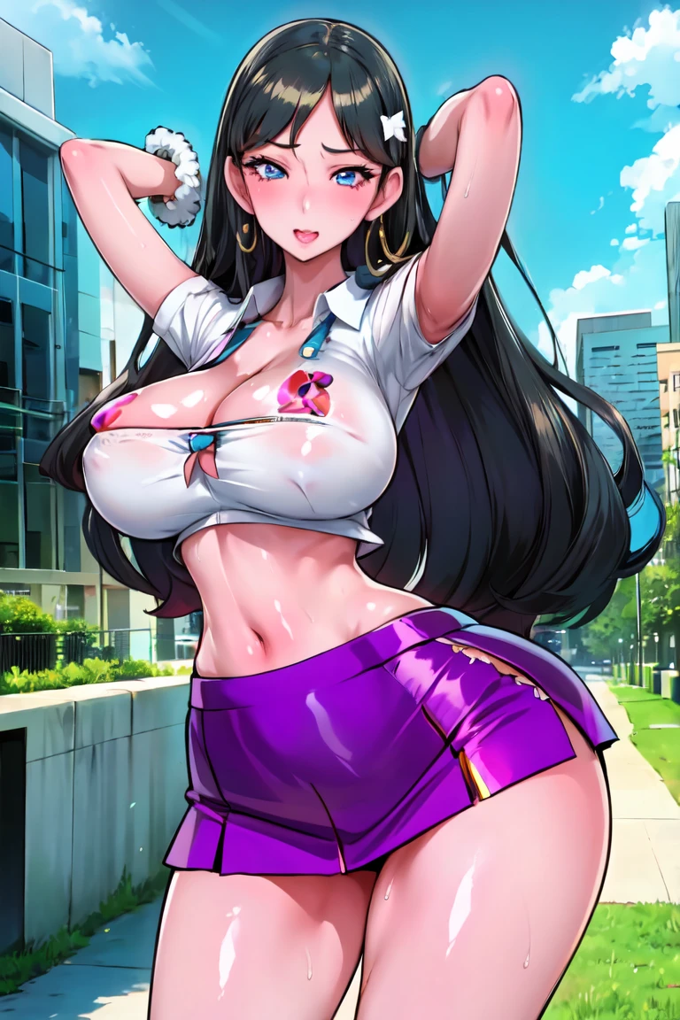 masterpiece, best quality, kumashiro maya, 1girl, solo, breasts, cleavage, long hair, white headband, parted bangs, blue eyes, looking at viewer, sweat, large breasts, business suit, collared shirt, pleated skirt, flashy gyaru, happy, showy,too many accessories, colorful , kogal, kogal gyaru
