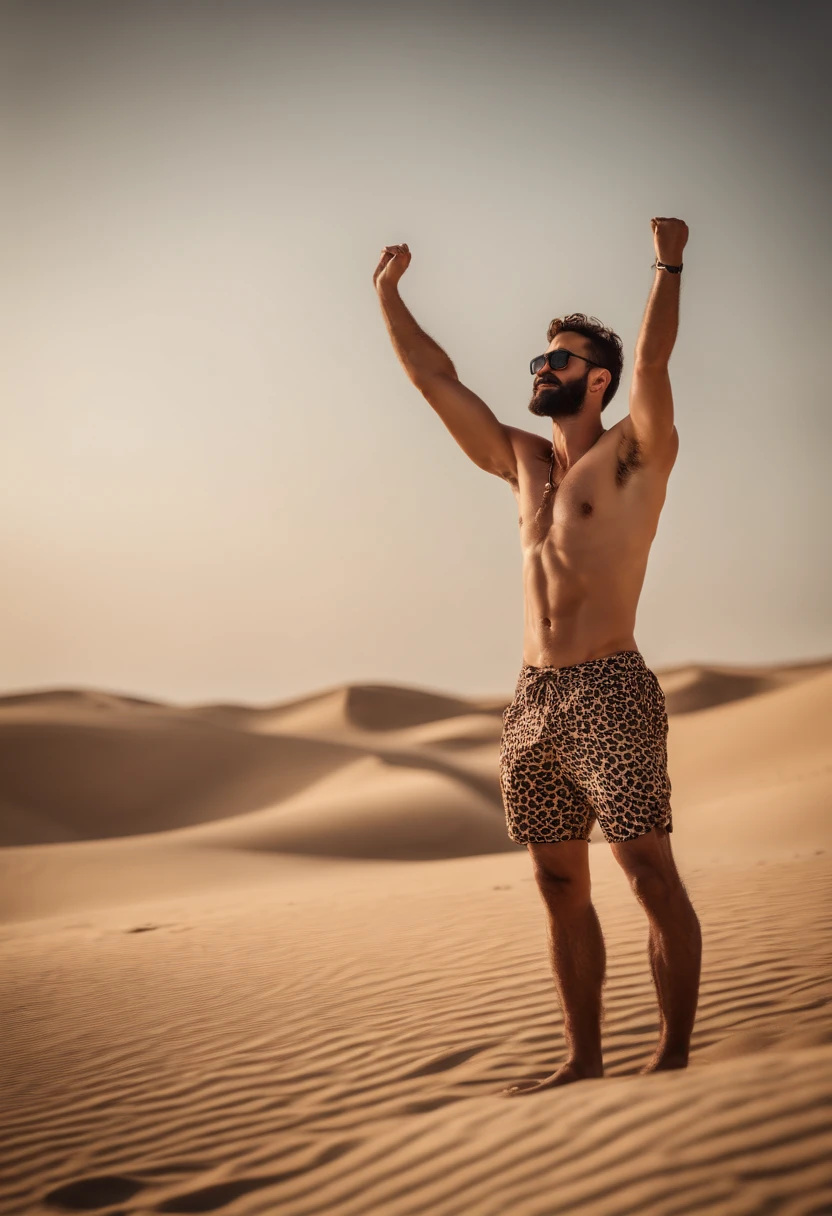 Handsome beard Turkish guy tall thin shirtless desert bikini showing armpit with a leopard sunglasses happy full body