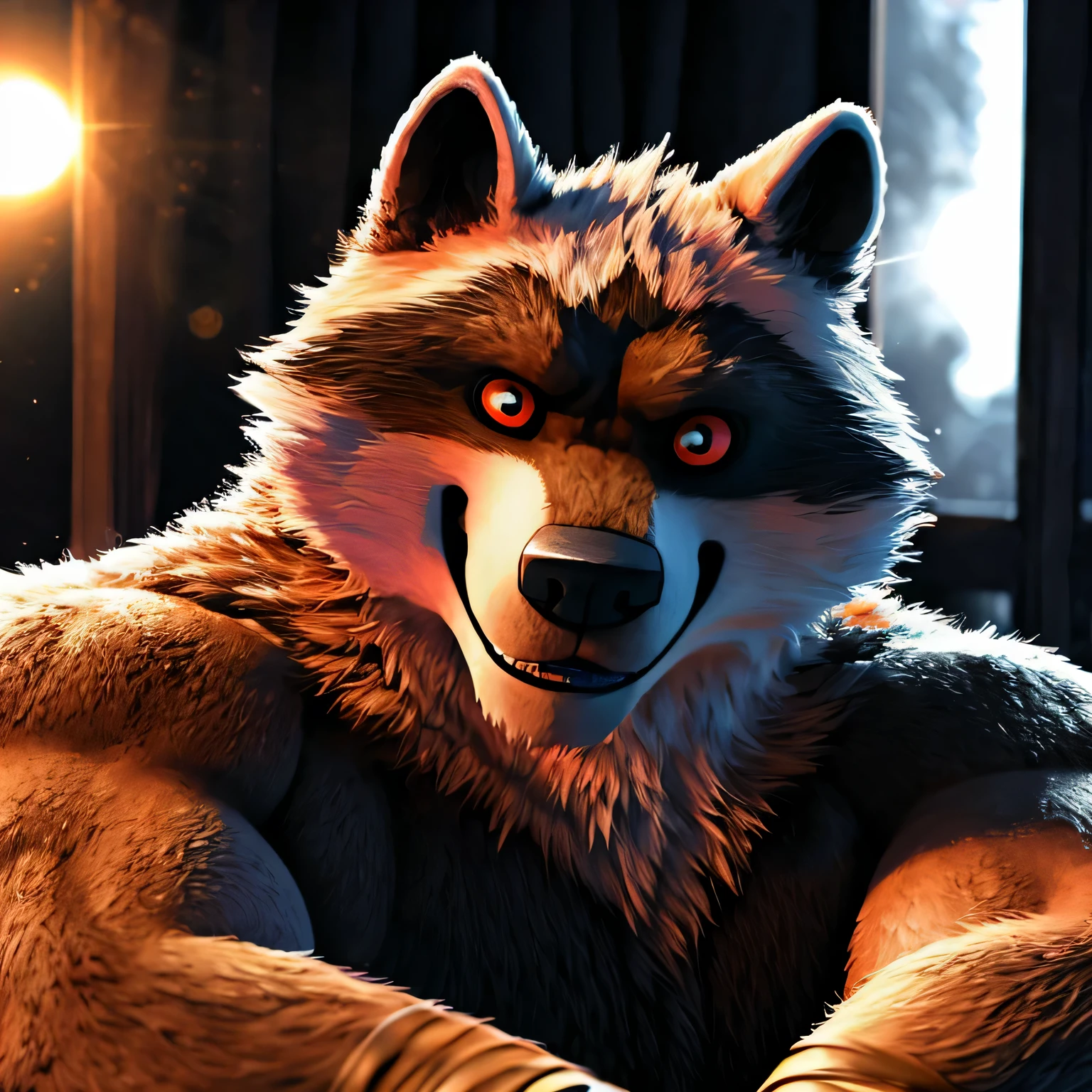 render, male, solo, raccoon, red panda, full body, muscular, delicate face, delicate eyes, realistic, masterpiece, highest quality, lens flare, unreal engine, trending on ArtStation, intricate, high detail, dramatic, realism, realistic, sitting, bara, big_muscle, furry, night, bed, looking_at_viewer, detailed eyes, detailed body, detailed face, bright room, expressive, masculine, happy