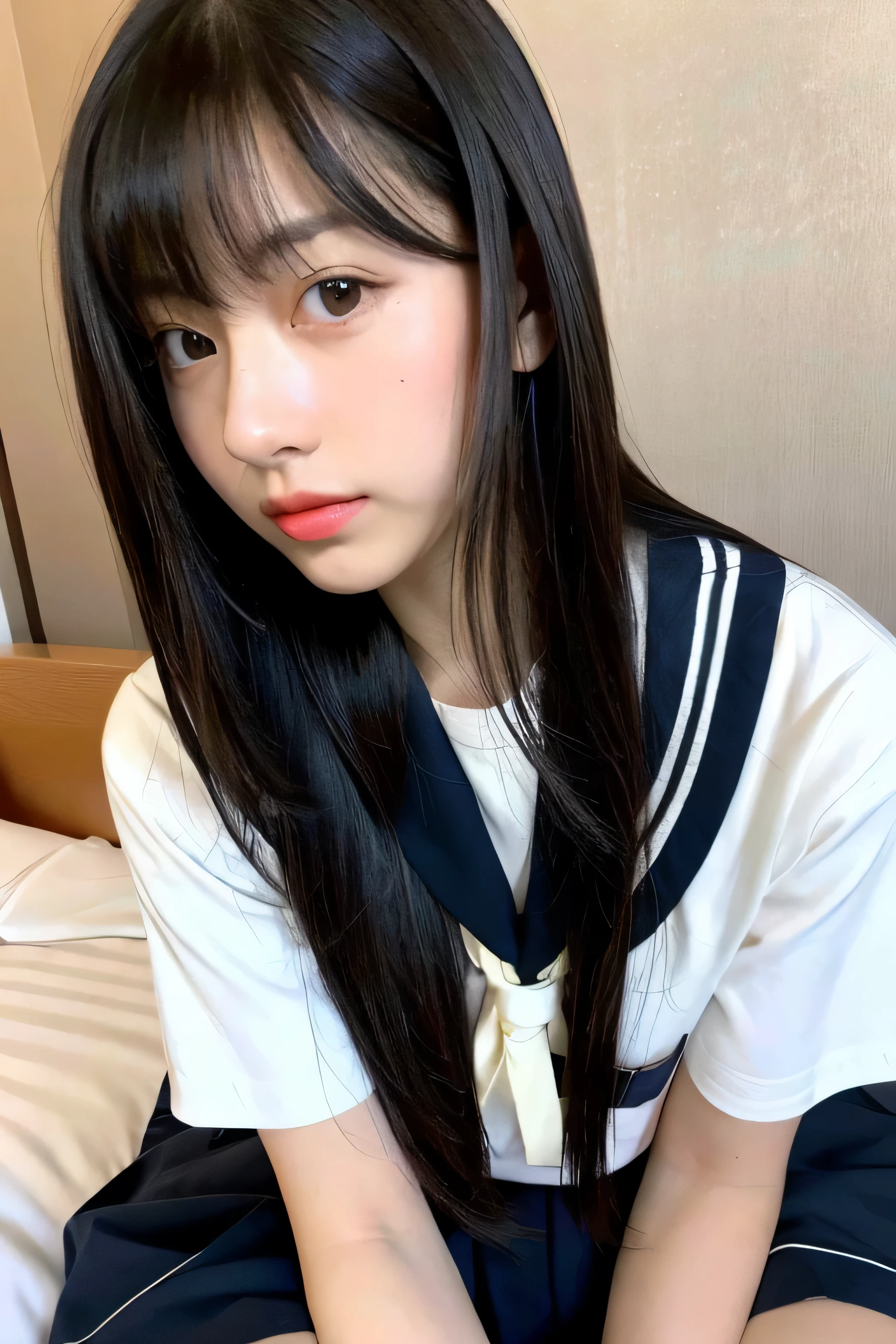 professional cameraman　((highest quality)), ((masterpiece)), (be familiar with), perfect face　(1 girl)　(She is a cute 12-year-old junior high school girl.)((highest quality)), ((masterpiece)), (become familiar with), perfect face　arafed woman with long black hair standing in front of a wall, long black shiny hair, 黒いsilky hair, long straight black hair, long black straight hair, Perfect silky straight hair, straight black hair, long black hair, her hair is long and straight, detailed long black hair　(Big breasts as big as dodgeballs 1.4)　(big breasts 1.4)　(Super long hair down to the ankles)neat bangs　The neatly trimmed bangs are princess cut and cover the entire forehead..　bright red lips　fine hands　fine fingers　five fingers　sexy make up　beautiful japanese girl face, Japanese facial features, with long hair shiny long hair, long black shiny hair, long, straight brown hair, her hair is long and straight, super long hair girl, black silky hair, long black hair, silky hair, Long flat hair, Silky texture, with long hair, thin and shiny hair　Detailed white beautiful human body anatomically correct skin　detailed eyes　detailed mouth　the corners of the mouth rise slightly　(The nose is very thin)　(The lips are very thin)　blushing face　front view　sensual look　(She is on her hands and knees in a hotel bed with white sheets.)　looking at the viewer　(Wearing sailor uniform)　(Photographing the whole woman)