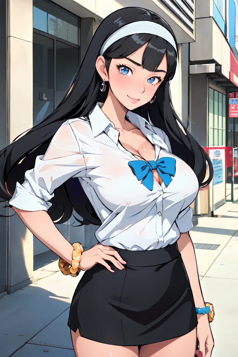 masterpiece, best quality, kumashiro maya, 1girl, solo, breasts, cleavage, long hair, white headband, parted bangs, blue eyes, looking at viewer, sweat, large breasts, business suit, collared shirt, pleated skirt, flashy gyaru, happy, showy,too many accessories, colorful , kogal, kogal gyaru