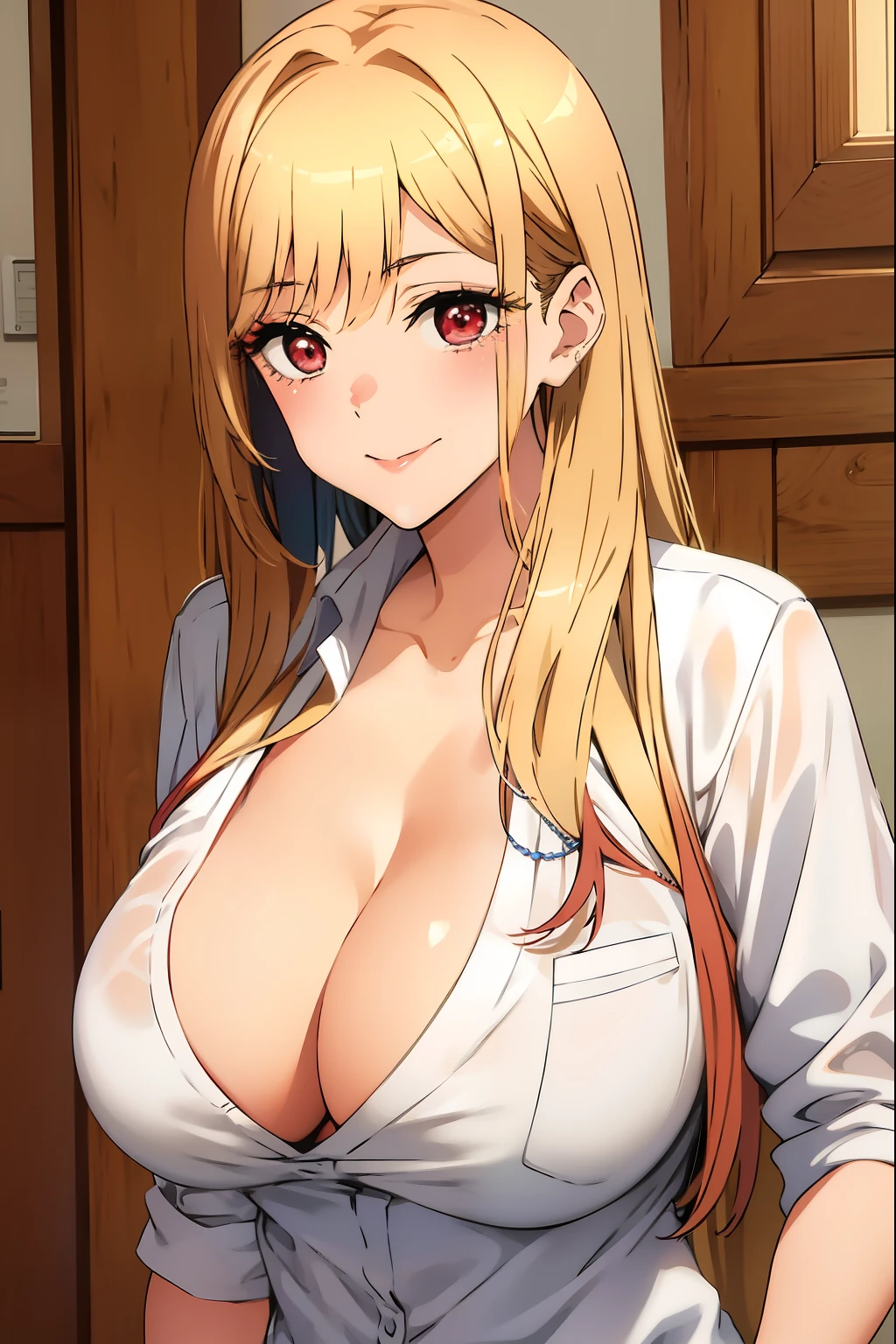 white shirt posing for the camera, seductive anime girl,breasts covered and sfw, big breasts!, sie boob, teasing smile, cleavage high quality, masterpiece, 1girl, marin kitagawa, long hair, yellow hair, bangs, blonde hair, (red eyes:1.5), large breasts, huge breasts, light on breasts, attractive anime girl, attractive breasts,standing, we see her huge breasts, close the camera, look into viewer, light on her breasts, marin kitagawa, marin,