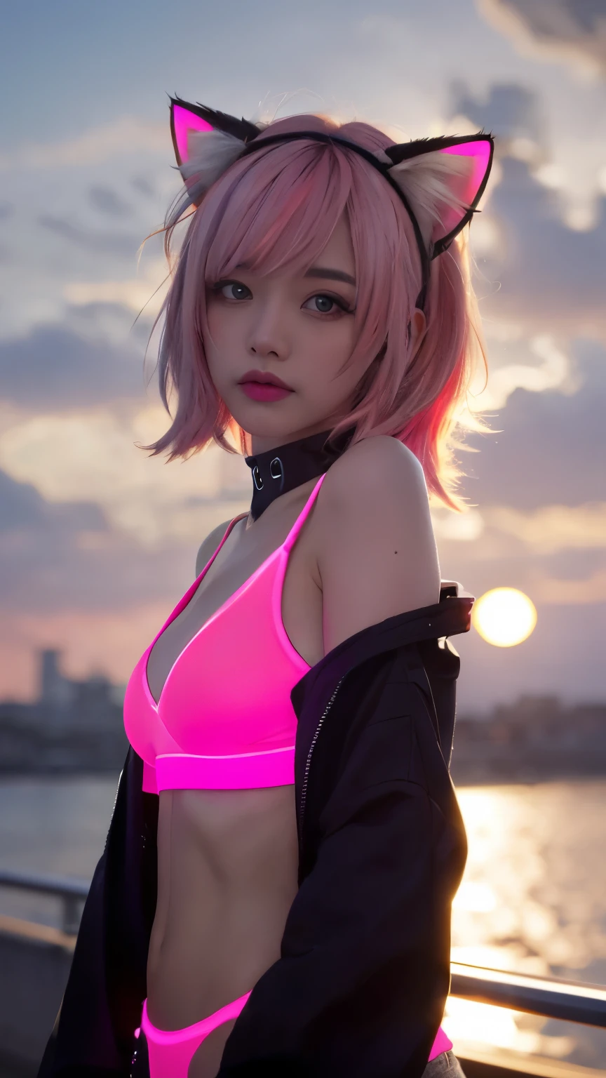 {{masterpiece}},{{highest quality}},enlightenment,1 perfect portrait of a girl, A fascinating eye for perfect detail), colorful hair,(gradient hair), (Neon Pink hair:1.2),(cat ears), (exposed bare shoulders), (long-term alienation_sleeve), (lean forward a little), If you look up,hair ornaments, (shy), head tilt, movie lighting, oversized clothes, ((seductive pose)), (Neon pink sunset seashore:1.2), Light blue eyes, (Medium breast:1.2), cowboy shot,