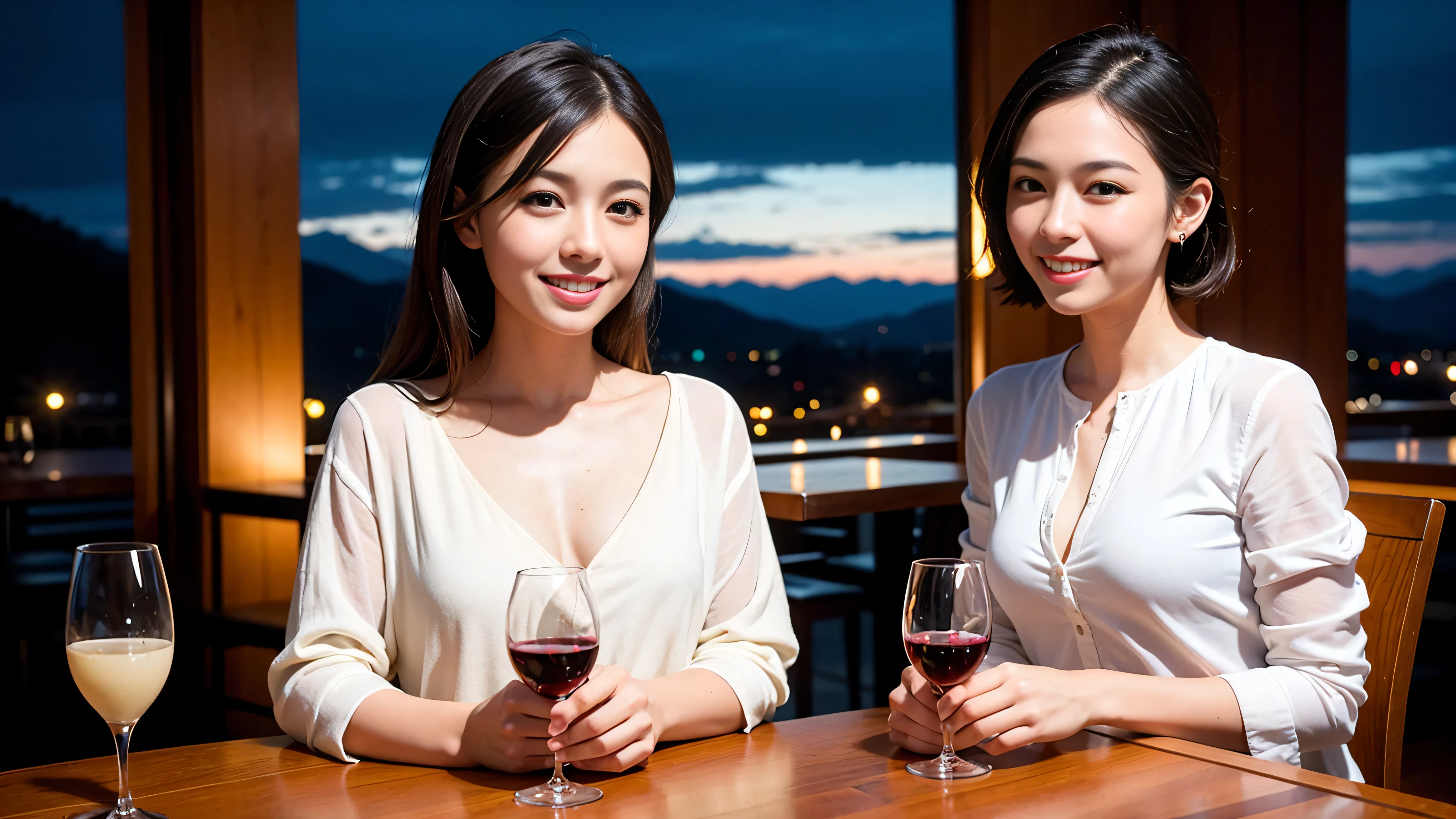 (K UHD, nffsw, top quality, table top: 1.2), (realistic, realistic: 1.37), Spectacular view of the sunset sky and clouds、Amazing mountain views、A bright smile、A lovely woman with a smile、The woman&#39;s face is bright、fox face、lady、Wine Party、hors d'oeuvre、Italian food、2 beauties、brown hair、shortcut、long sleeve shirt、winter fashion、dress、Japanese、Englishman、Dutch、German、Belgian、Italian、French,wine bottle、hors d'oeuvre、Champagne、sparkling wine、Pretty Woman 1, (slim face), (Because I&#39;m slender), (brown hair), (shortcut), cheeks turn a little red, (40 years old), 38 years old, attractive beauty、, A beautiful and detailed night view spreads out outside the window.........., restaurant, sitting in a wine glass, At night, in a prominent place (from the waist up) nova frog style, actress, model, Upper body, White wine, slim, wine glass, very beautiful night view, wine glass placed in the middle, Smile, (smile: 1.15), beautiful small eyes, 