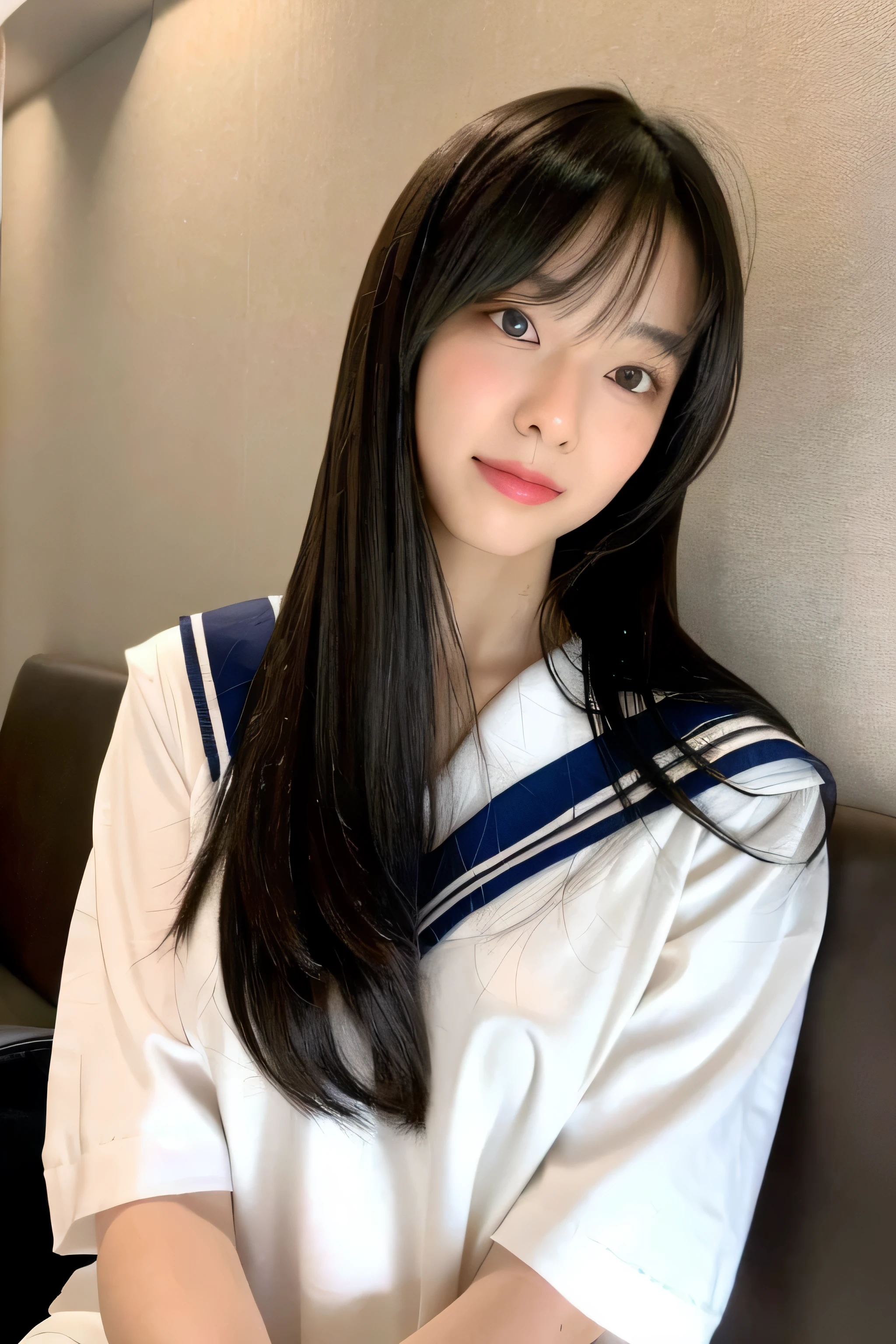 professional cameraman　((highest quality)), ((masterpiece)), (be familiar with), perfect face　(1 girl)　(She is a cute -yeld juschool girl.)((h quality)), ((masterpiece)), (become familiar with), perfect face　arafed woman with long black hair standing in front of a wall, long black shiny hair, 黒いsilky hair, long straight black hair, long black straight hair, Perfect silky straight hair, straight black hair, long black hair, her hair is long and straight, detailed long black hair　(Big breasts as big as dodgeballs 1.4)　(big breasts 1.4)　(Super long hair down to the ankles)neat bangs　The neatly trimmed bangs are princess cut and cover the entire forehead..　bright red lips　fine hands　fine fingers　five fingers　sexy make up　beautiful japanese girl face, Japanese facial features, with long hair shiny long hair, long black shiny hair, long, straight brown hair, her hair is long and straight, super long hair girl, black silky hair, long black hair, silky hair, Long flat hair, Silky texture, with long hair, thin and shiny hair　Detailed white beautiful human body anatomically correct skin　detailed eyes　detailed mouth　the corners of the mouth rise slightly　(The nose is very thin)　(The lips are very thin)　blushing face　front view　smiling face　(She is on her hands and knees in a hotel bed with white sheets.)　looking at the viewer　(Wearing sailor uniform)　(Photographing the whole woman)