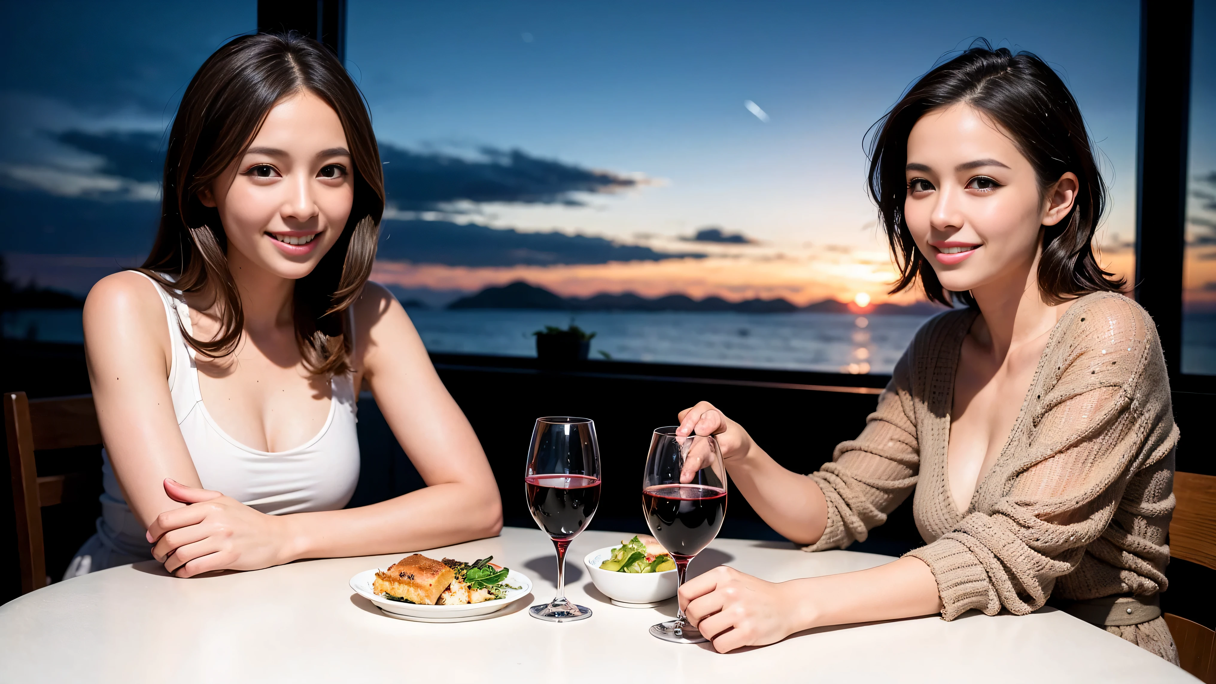 (K UHD, nffsw, top quality, table top: 1.2), (realistic, realistic: 1.37), Spectacular view of the sunset sky and clouds、Amazing mountain views、A bright smile、A lovely woman with a smile、The woman&#39;s face is bright、fox face、lady、Wine Party、hors d'oeuvre、Italian food、2 beauties、brown hair、shortcut、long sleeve shirt、winter fashion、dress、Japanese、Englishman、Dutch、German、Belgian、Italian、French,wine bottle、hors d'oeuvre、Champagne、sparkling wine、Pretty Woman 1, (slim face), (Because I&#39;m slender), (brown hair), (shortcut), cheeks turn a little red, (40 years old), 38 years old, attractive beauty、, A beautiful and detailed night view spreads out outside the window.........., restaurant, sitting in a wine glass, At night, in a prominent place (from the waist up) nova frog style, actress, model, Upper body, White wine, slim, wine glass, very beautiful night view, wine glass placed in the middle, Smile, (smile: 1.15), beautiful small eyes, 