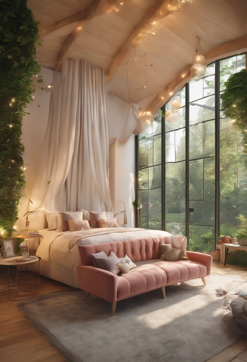 Create a large bedroom with a large canopy bed, a library lounge area, a large tv, with fairy lights and Ivy vines along the walls. It should have big glass windows facing a forest. With a play area for a cat