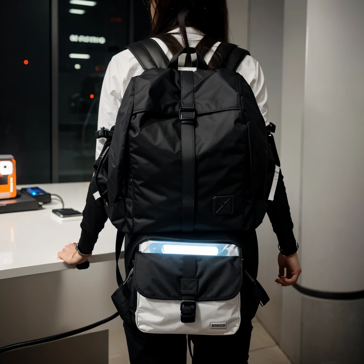 The backpack should have different components with a charging plug and futuristic design 