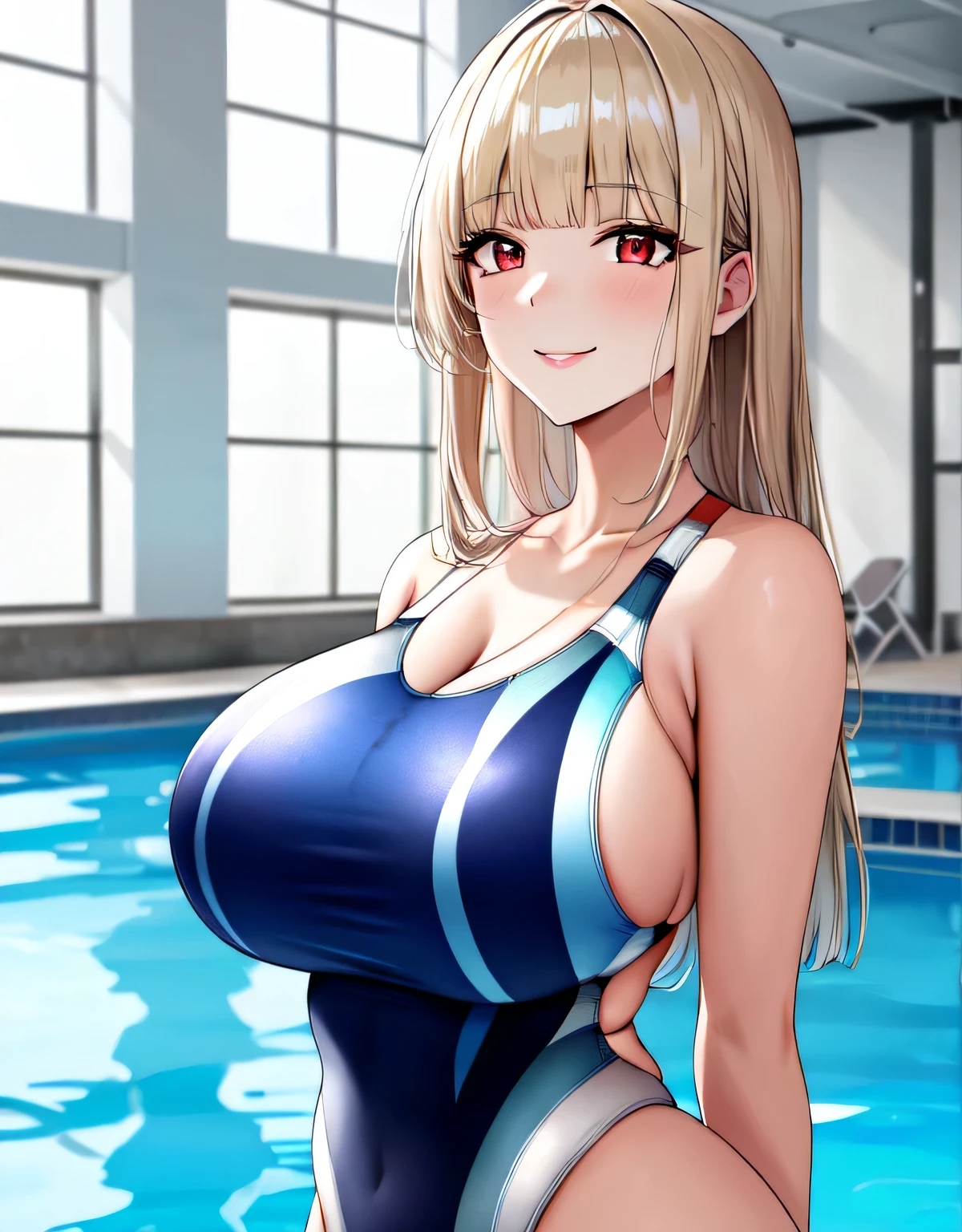 (large breasts:1.5),shiny,hair,((solo)),((masterpiece)),((best quality)),perfect anatomy,slim waist,perfect image,8k UHD,(beautiful detailed eyes:1.5),extremely detailed face,standing,(upper body:1.1),(look at the front:1.1),arms behindback,ultra-detailed,absurdres,highres,(shiny hair),(white blonde hair:1.2),(red eyes:1.2),indoor pool,((blunt bangs)),((sensitive smile)),semi-long hair,(shiny Competition swimsuit:1.5),