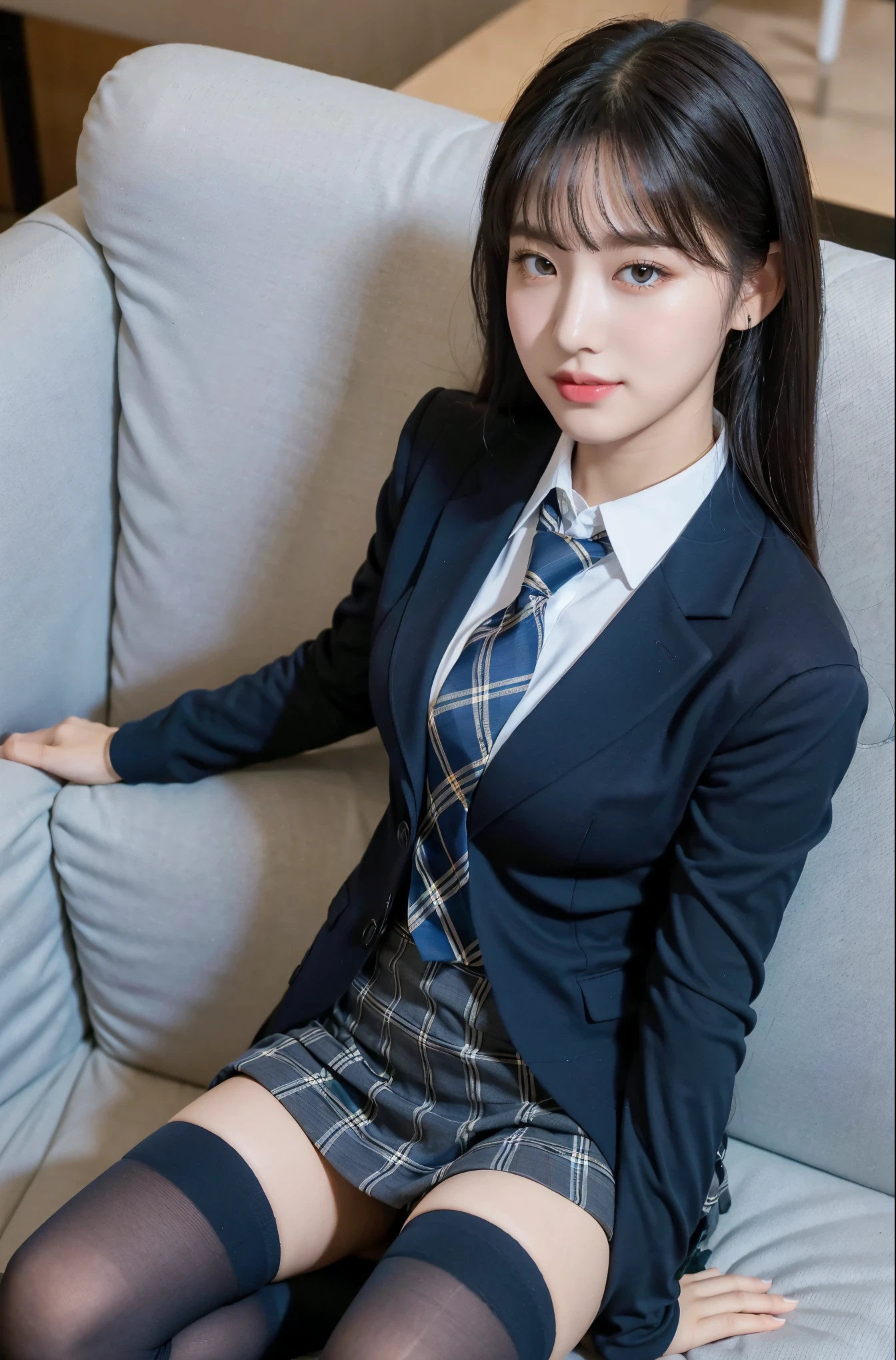 (8K), (highest quality: 1.2), (realistic), (realistic: 1.37), ultra high resolution, 1 girl, cute, smile, closed mouth, beautiful details, beautiful nose, black eyes，beautiful black hair,,giant dulcefo, self snap,University Student Uniform,Sitting on a couch in a fast food restaurant,simple blazer,(gray pleated skirt),(The tie has a tartan check pattern...:1.3), (close up on face),(From above),(Opaque blue knee-high socks:1.2)
