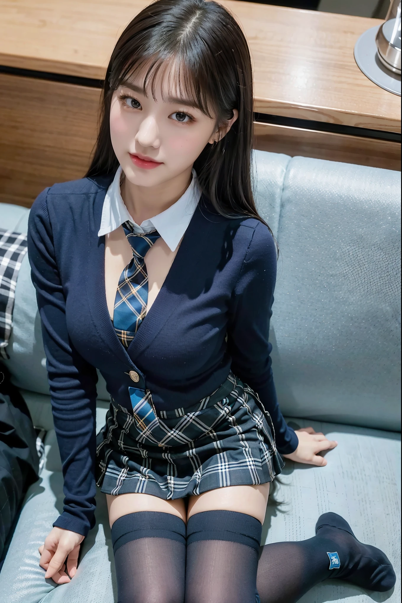 (8K), (highest quality: 1.2), (realistic), (realistic: 1.37), ultra high resolution, 1 girl, cute, smile, closed mouth, beautiful details, beautiful nose, black eyes，beautiful black hair,,giant dulcefo, self snap,University Student Uniform,Sitting on a couch in a fast food restaurant,simple blazer,(gray pleated skirt),(The tie has a tartan check pattern...:1.3), (close up on face),(From above),(Opaque blue knee-high socks:1.2)
