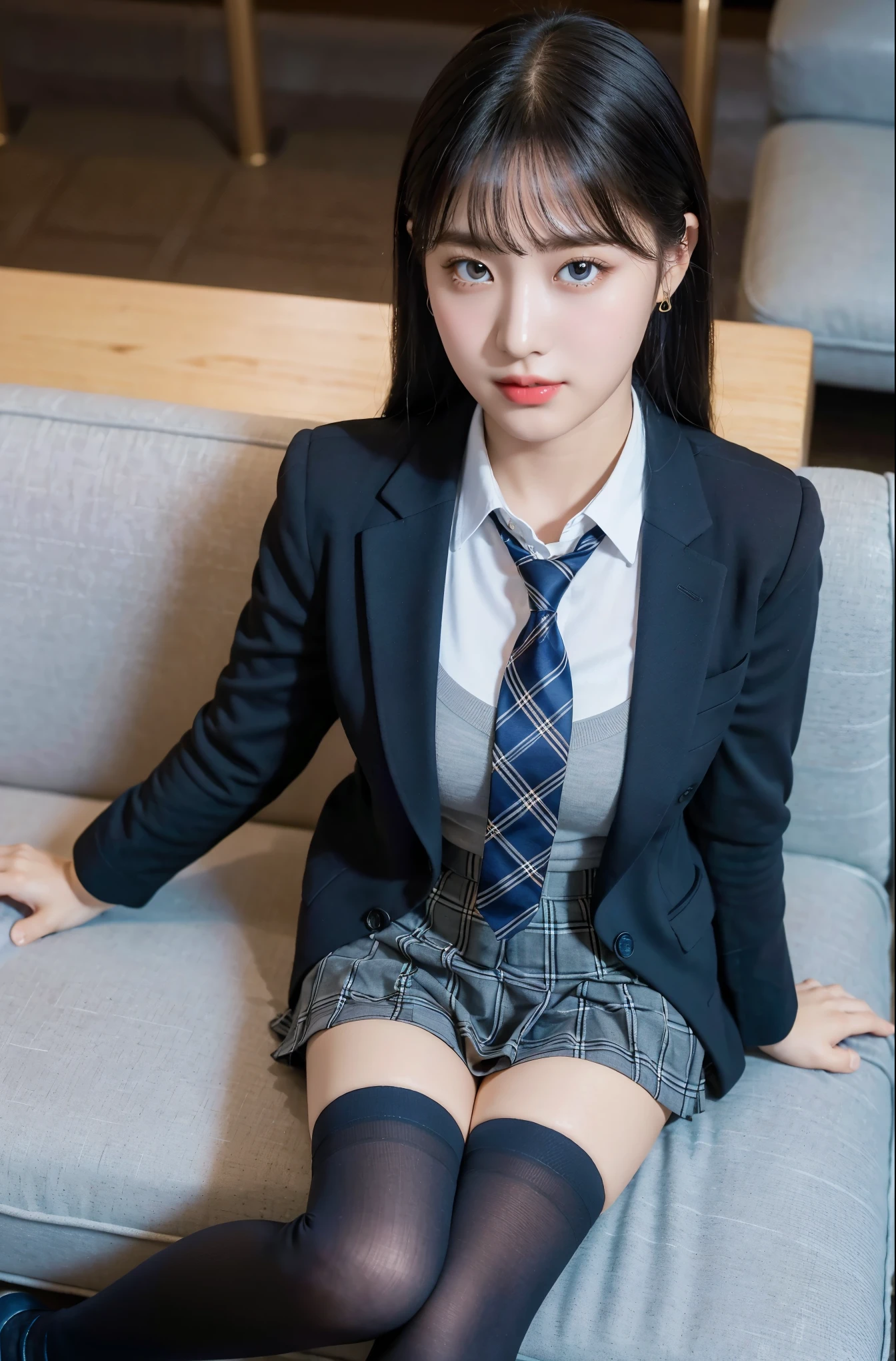 (8K), (highest quality: 1.2), (realistic), (realistic: 1.37), ultra high resolution, 1 girl, cute, smile, closed mouth, beautiful details, beautiful nose, black eyes,beautiful black hair,,giant dulcefo, self snap,University Student Uniform,Sitting on a couch in a fast food restaurant,simple blazer,(gray pleated skirt),(The tie has a tartan check pattern...:1.3), (close up on face),(From above),(Opaque blue knee-high socks:1.2)